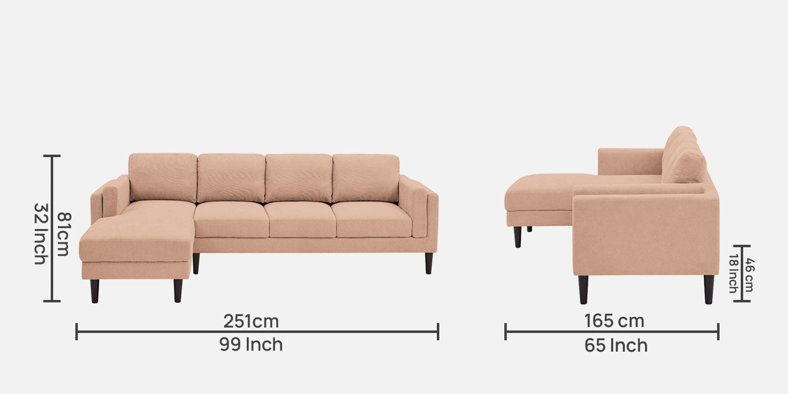 Creata Fabric RHS Sectional Sofa (3+Lounger) in Cosmic Beige Colour by Febonic