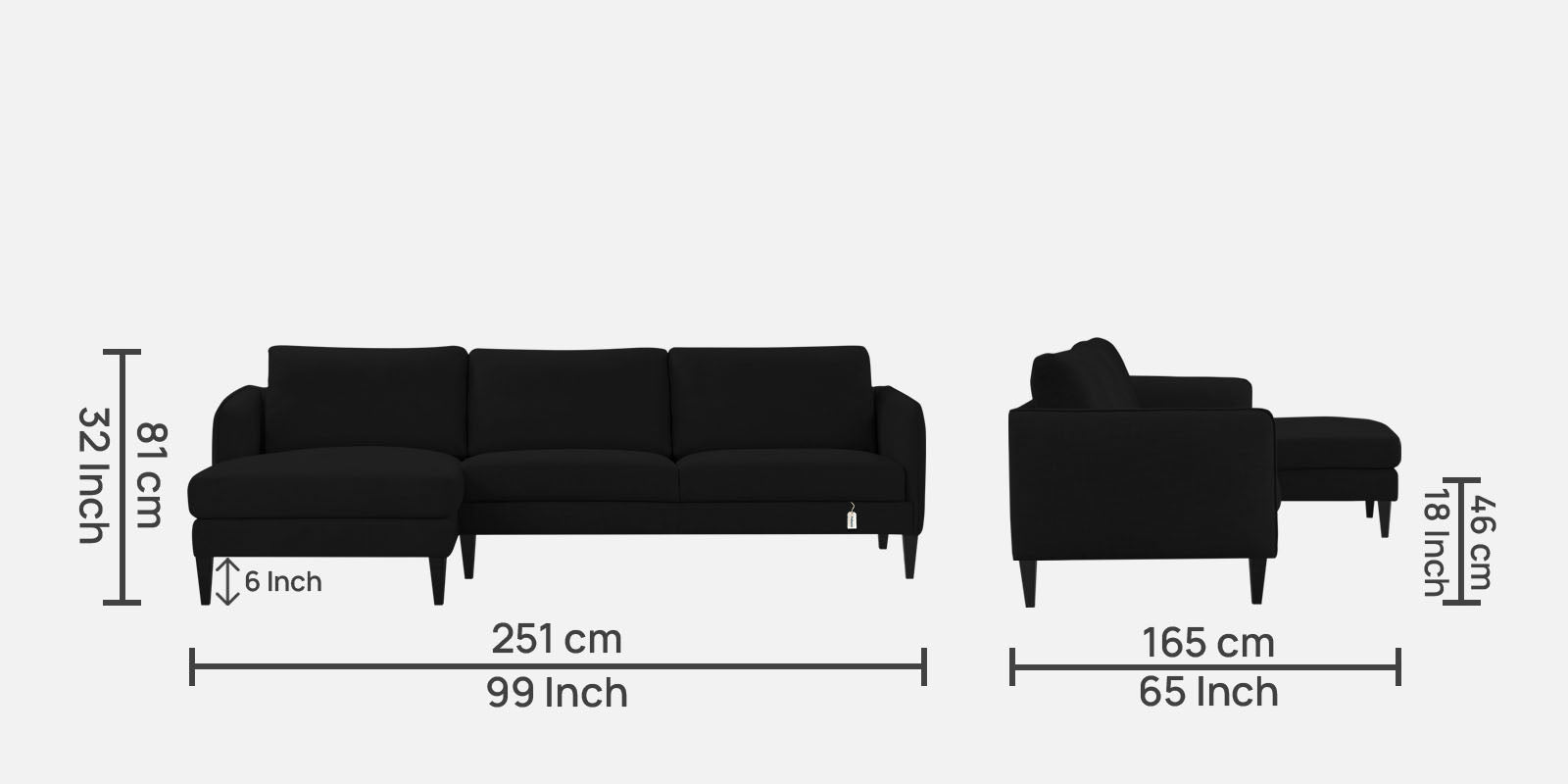 Piku Fabric RHS Sectional Sofa (3+Lounger) in Zed Black Colour