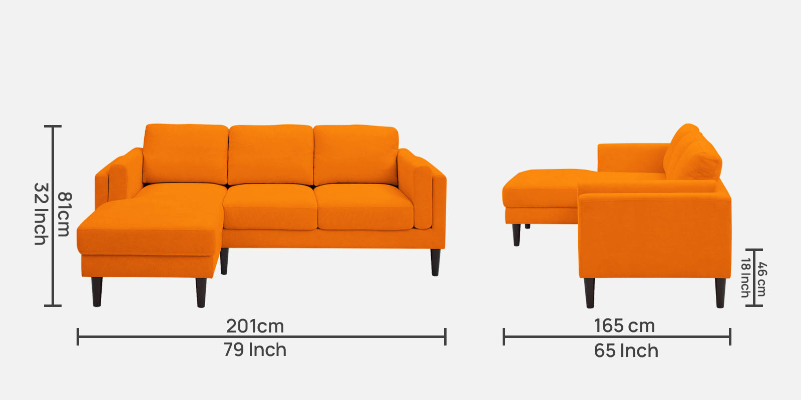 Creata Fabric RHS Sectional Sofa (2+Lounger) in Vivid Orange Colour by Febonic