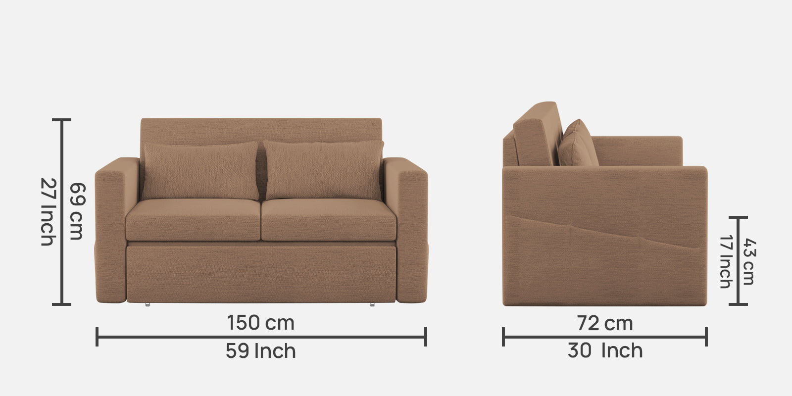 River Fabric 2 Seater Pull Out Sofa Cum Bed In Cookie Beige Colour