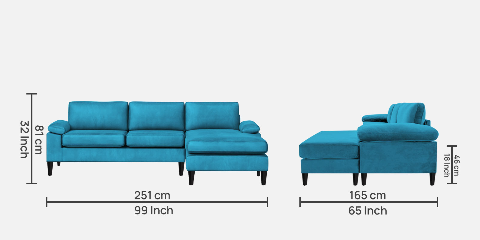 Vegas Velvet LHS Sectional Sofa (3+Lounger) In Aqua blue Colour