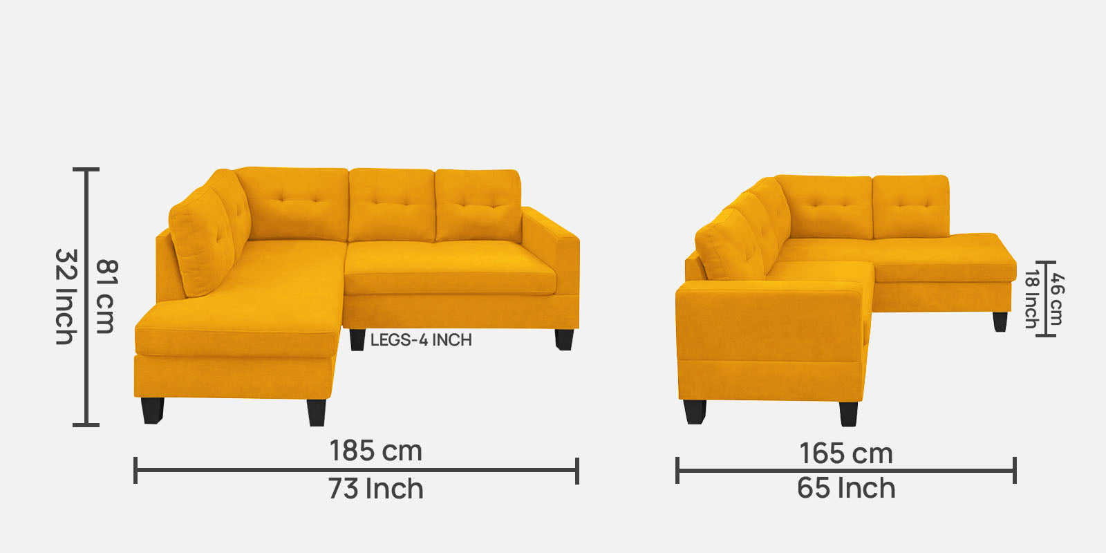 Thomas Fabric RHS Sectional Sofa (2+Lounger) in Bold Yellow Colour