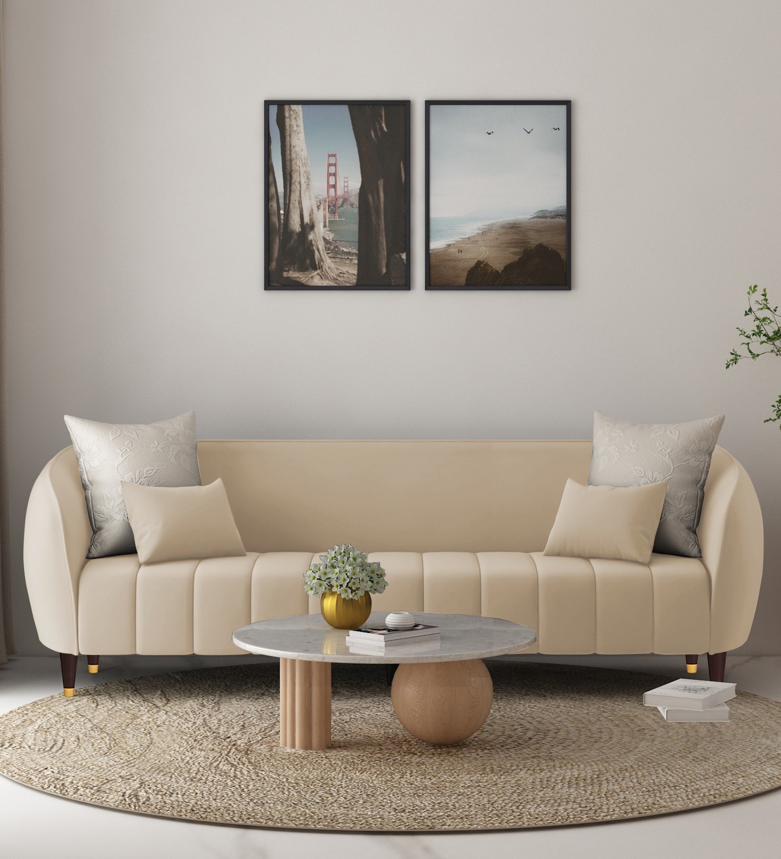 Hairo Velvet 3 Seater Sofa In Cream Beige Colour