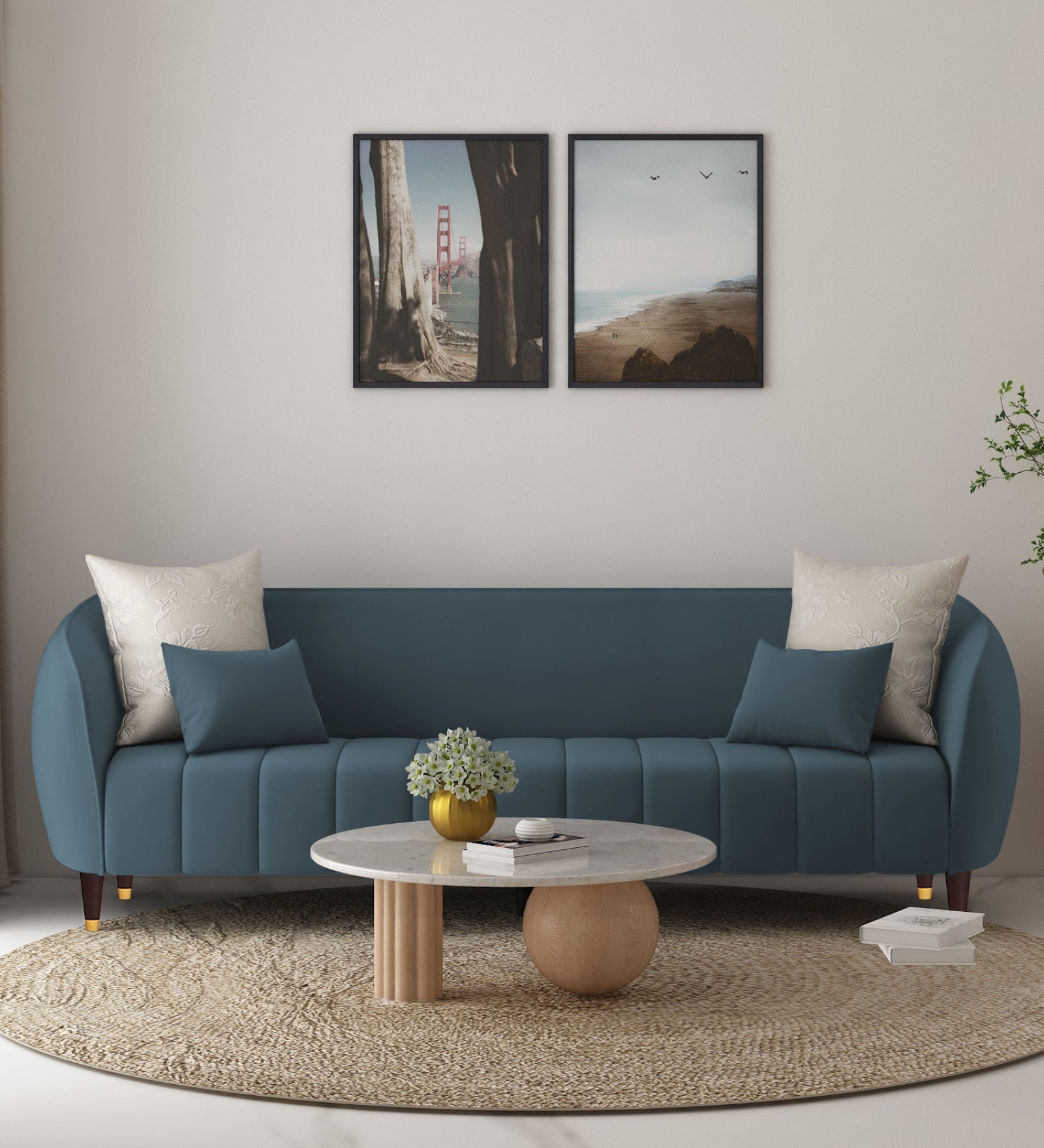 Hairo Velvet 3 Seater Sofa In Oxford Blue Colour