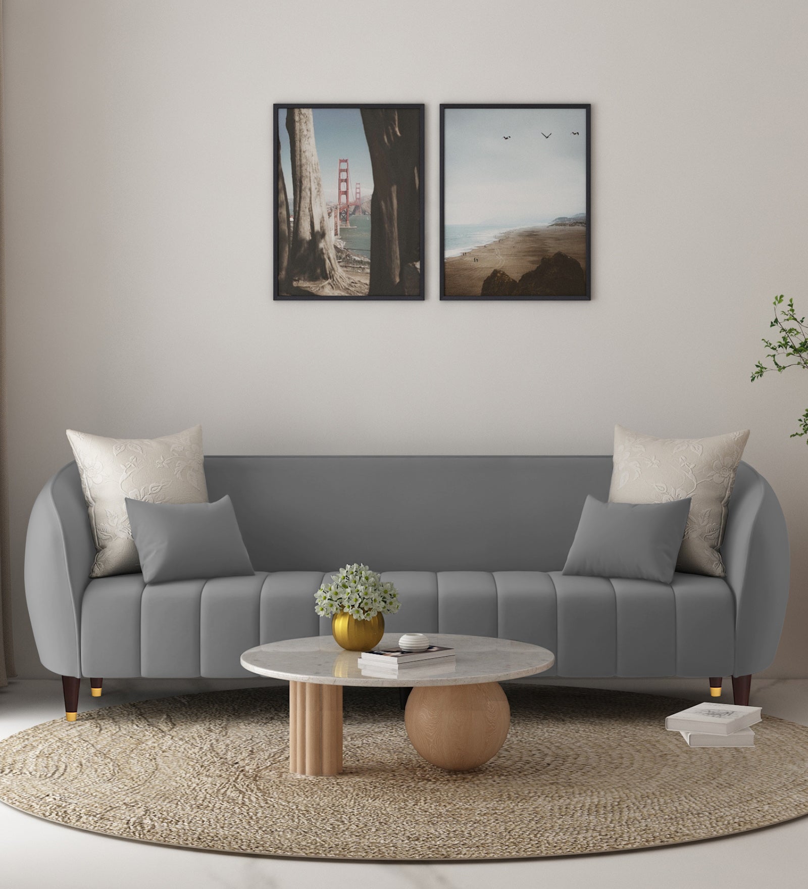 Hairo Velvet 3 Seater Sofa In Light Grey Colour