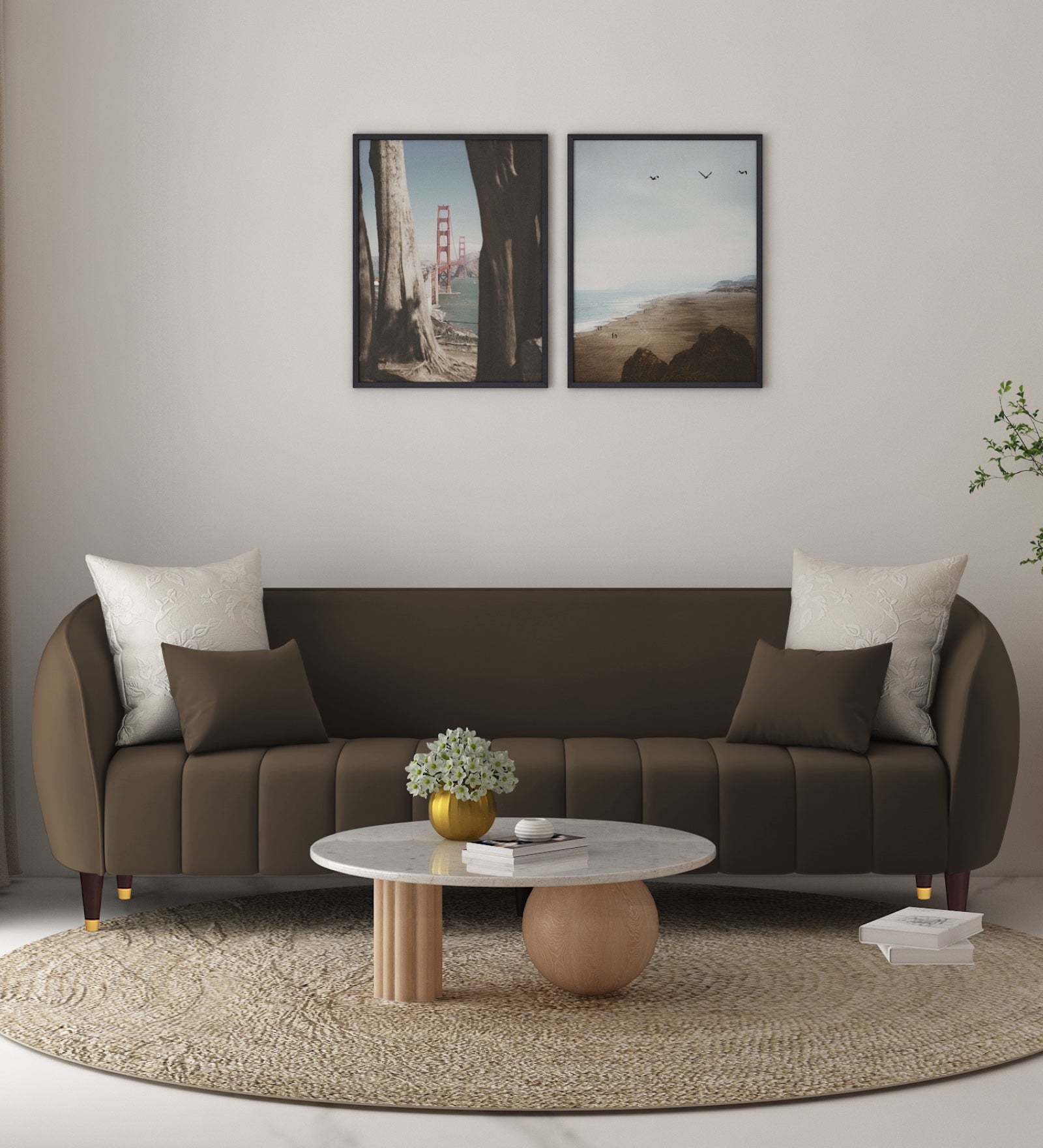 Hairo Velvet 3 Seater Sofa In Shade Brown Colour