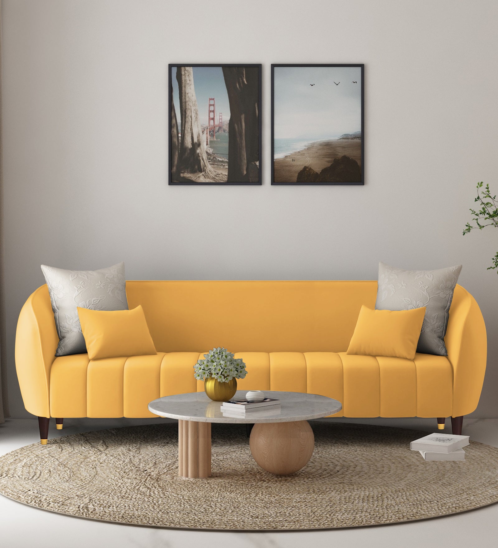 Hairo Velvet 3 Seater Sofa In Turmeric Yellow Colour