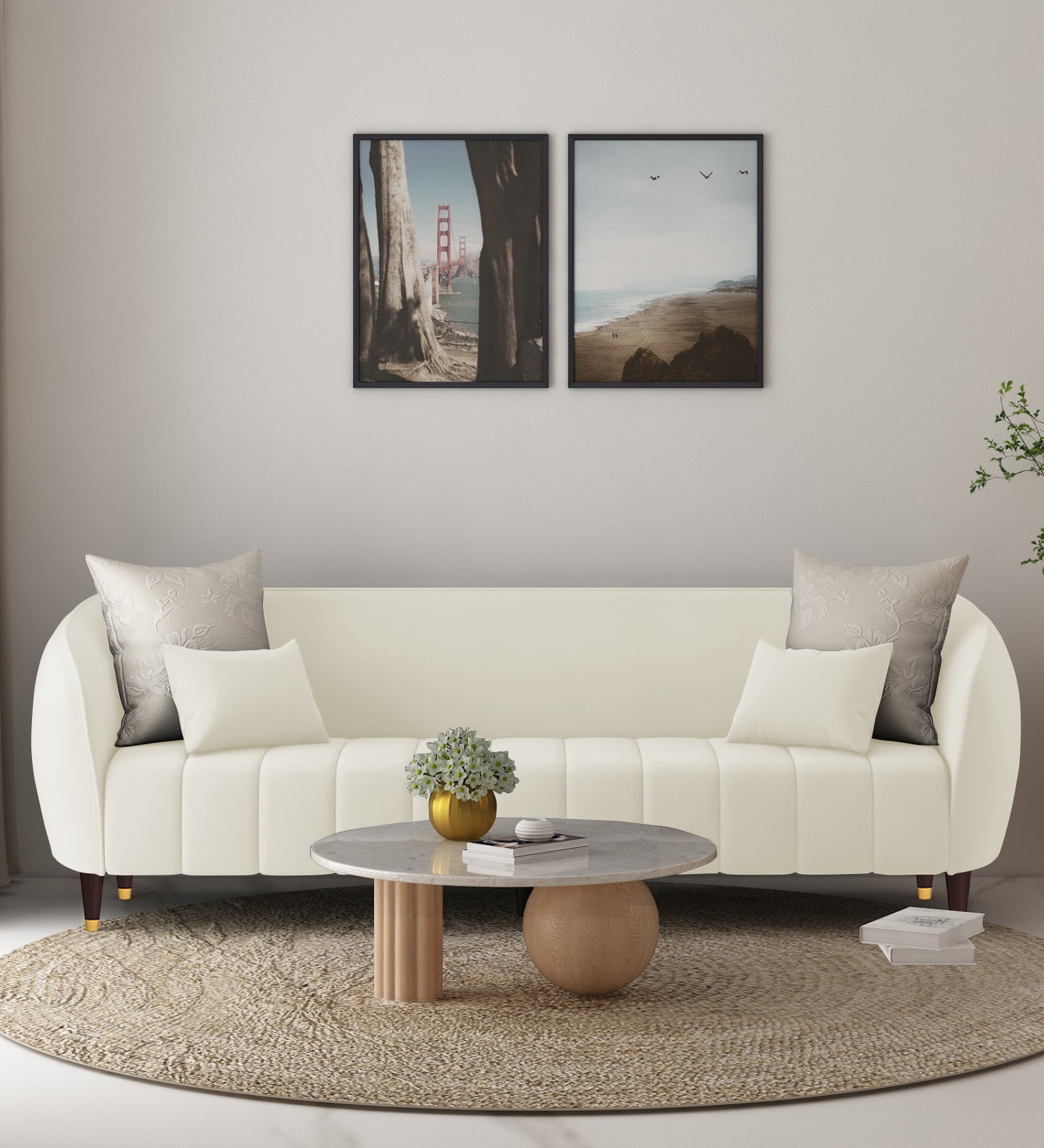 Hairo Velvet 3 Seater Sofa In Warm White Colour