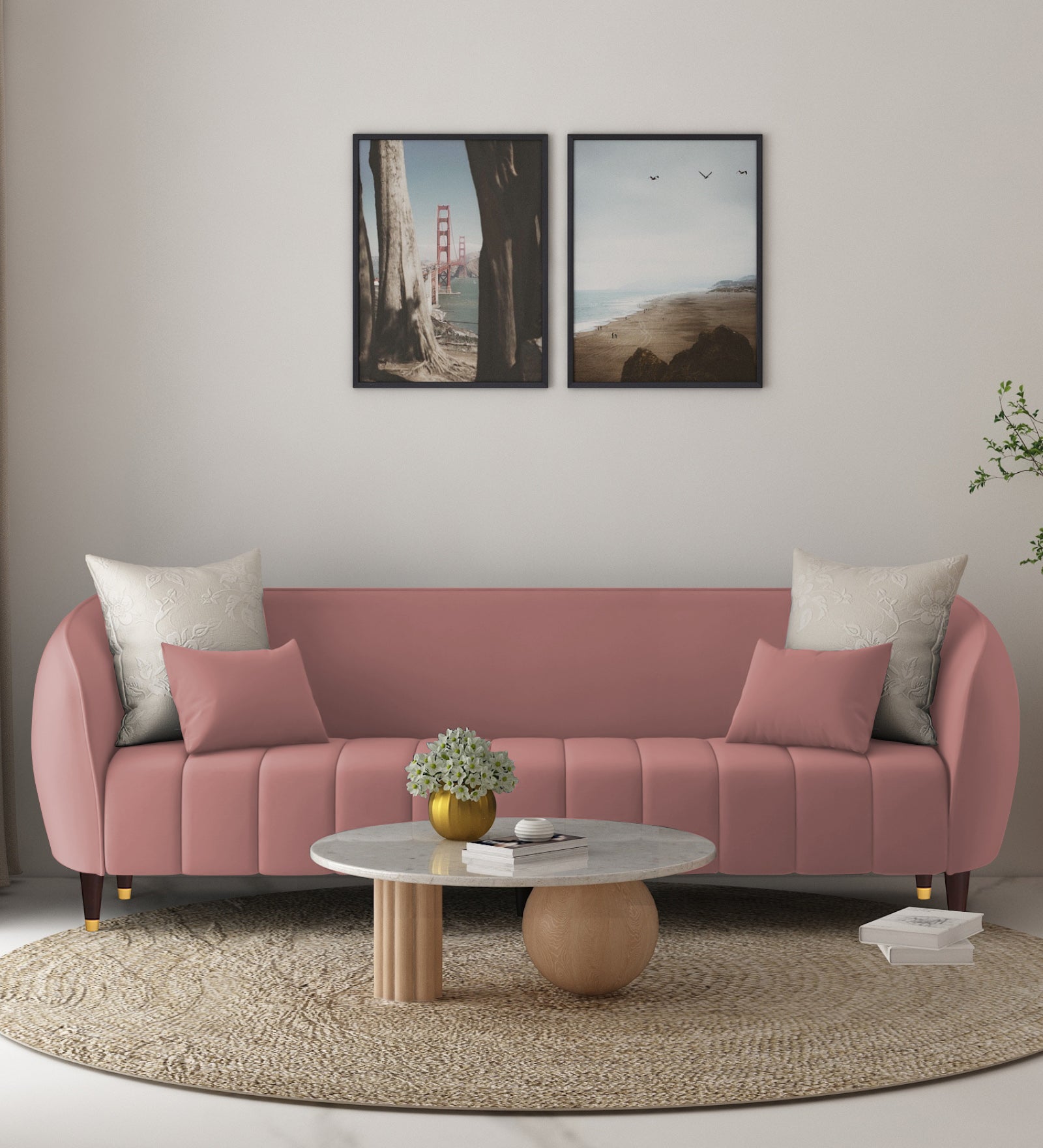Hairo Velvet 3 Seater Sofa In Blush Pink Colour