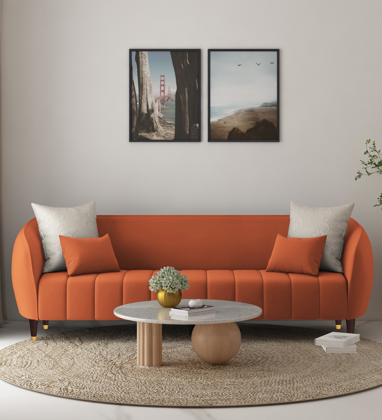 Hairo Velvet 3 Seater Sofa In Yam Orange Colour