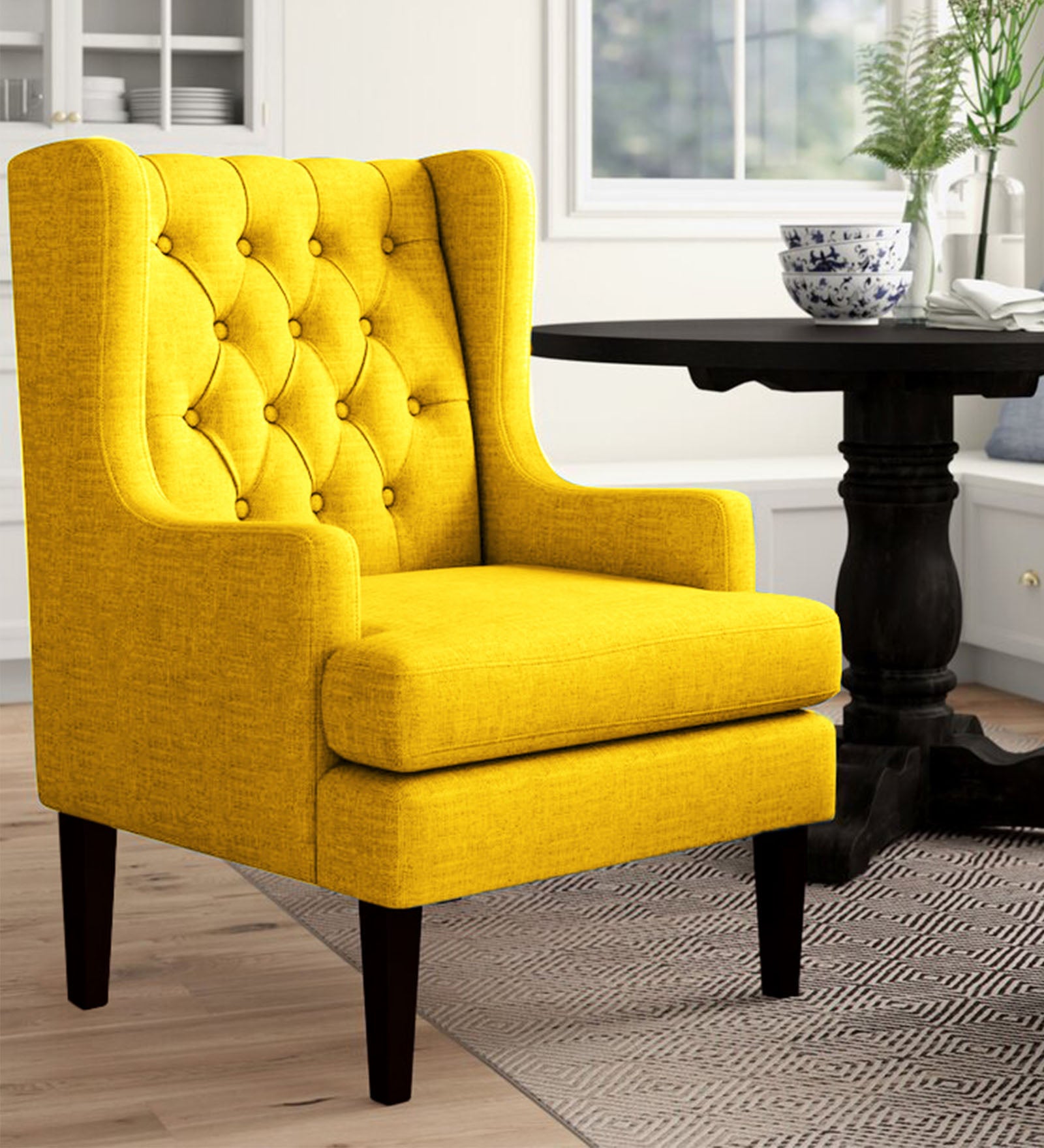 Panas Fabric Wing Chair In Bold Yellow Colour