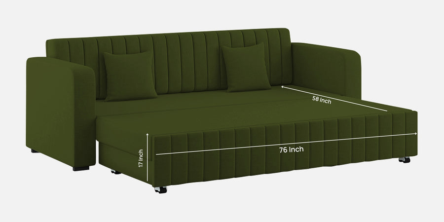 Calra Fabric 3 Seater Pull Out Sofa Cum Bed In Olive Green Colour With Storage - Febonic Living