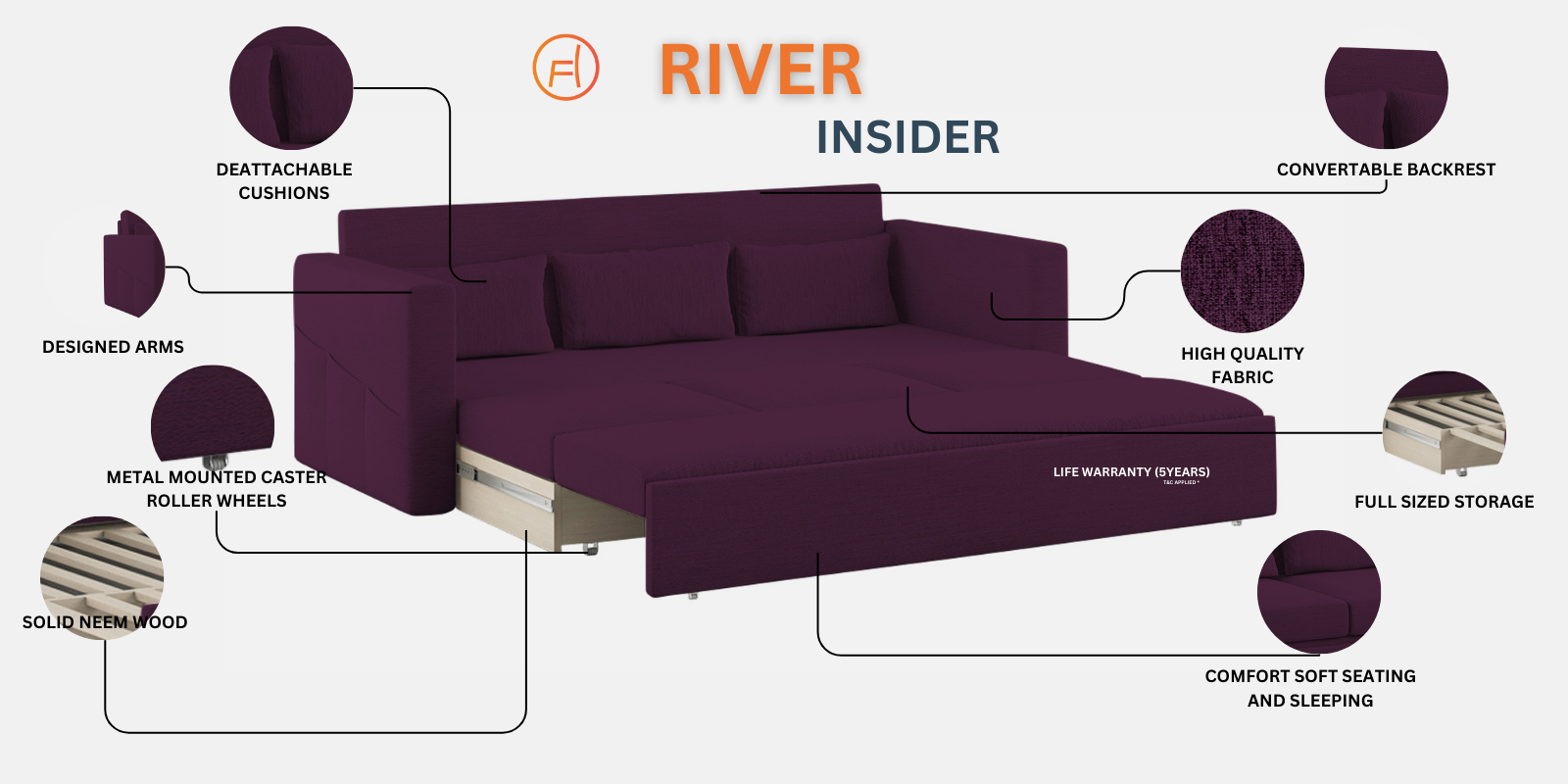 River Fabric 3 Seater Pull Out Sofa Cum Bed In Charcoal Grey Colour