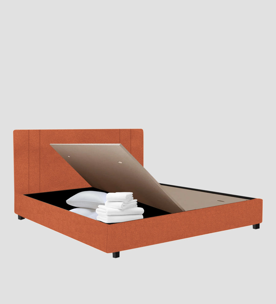 Asyra Velvet Upholstered King Size Bed In Yam Orange Colour With Box Storage - Febonic Living