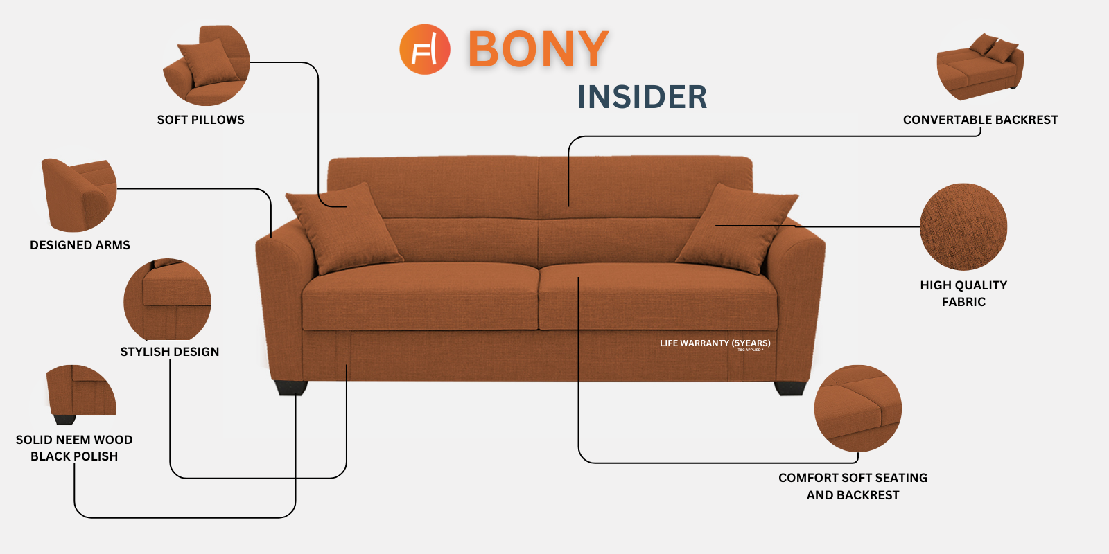 Bony Fabric 3 Seater Convertable Sofa Cum Bed In Coco Brown Colour