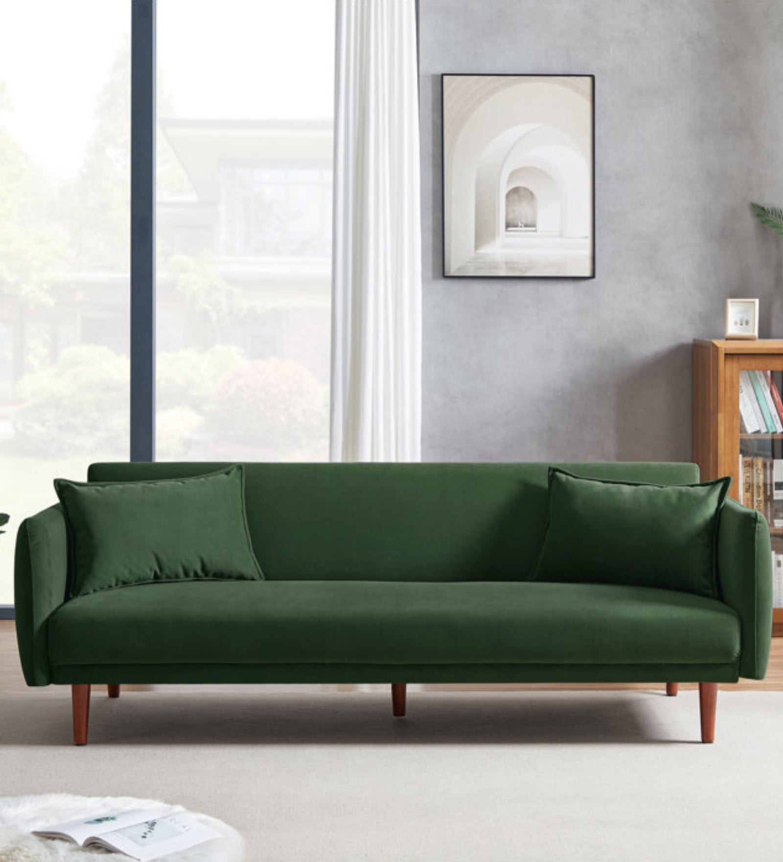 Aster Velvet 3 Seater Convertible Sofa Cum Bed In Amazon Green Colour