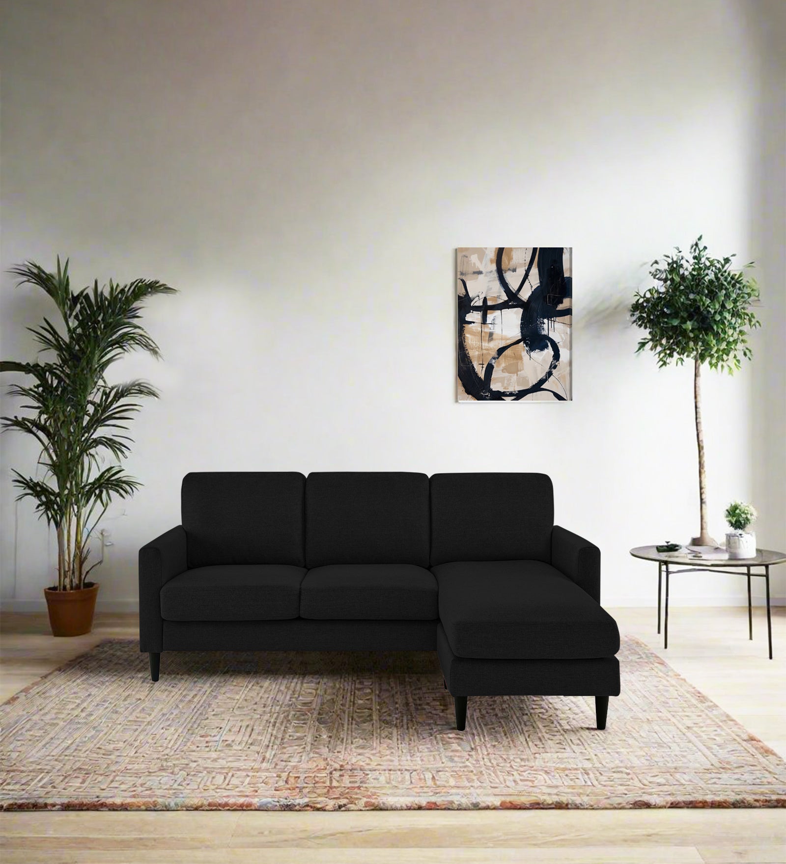 Romie Fabric LHS Sectional Sofa (2+Lounger) In Zed Black Colour