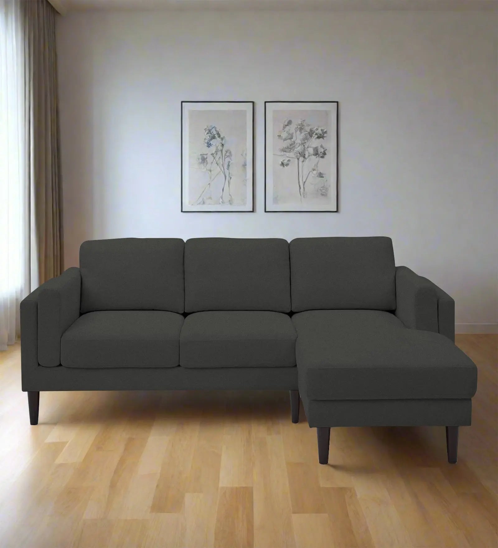 Creata Fabric LHS Sectional Sofa (2+Lounger) In Charcoal Grey Colour Febonic Living