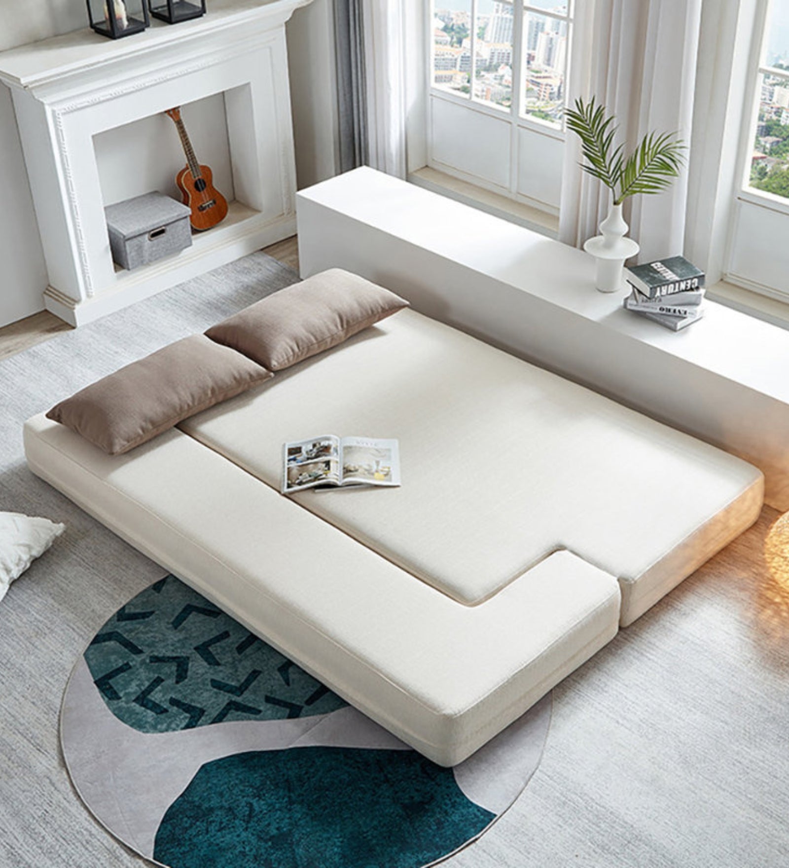 Ranko Velvet 3 Seater Convertible Sofa Cum Bed In Warm White Colour