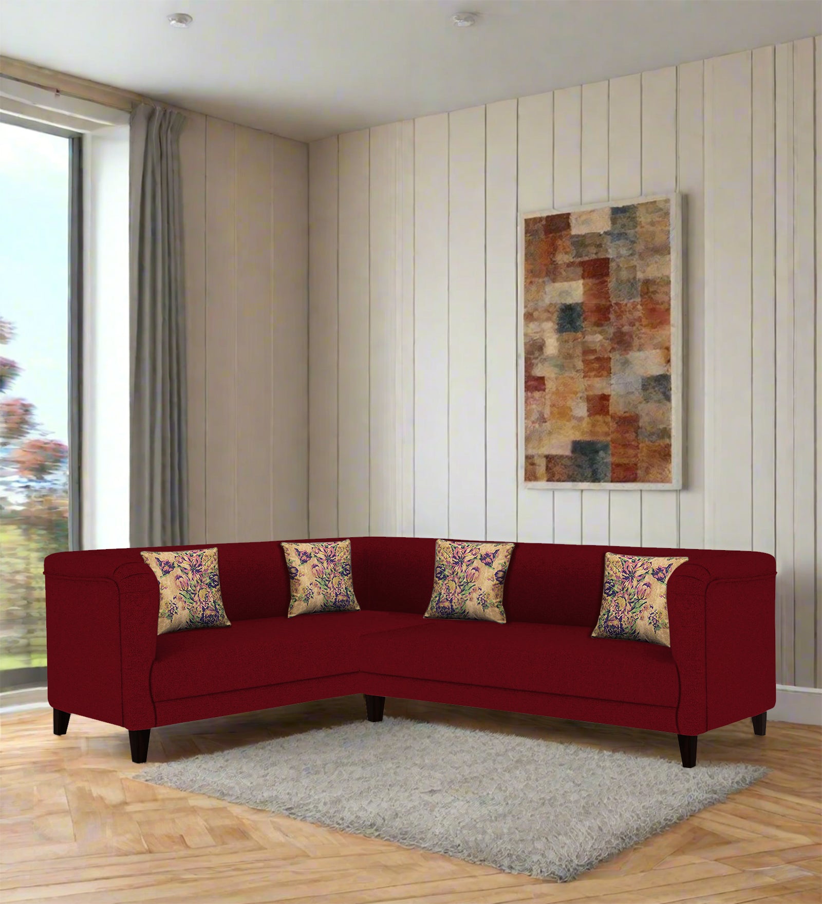 Niki Fabric Corner Sofa In Ruby Red Colour - Febonic Living