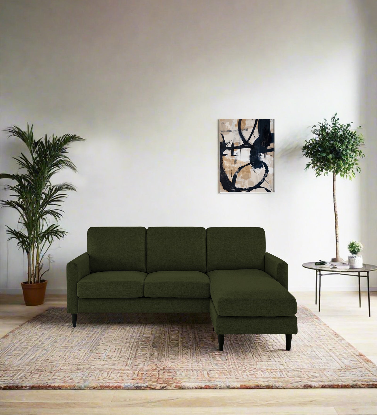 Romie Fabric LHS Sectional Sofa (2+Lounger) In Olive Green Colour