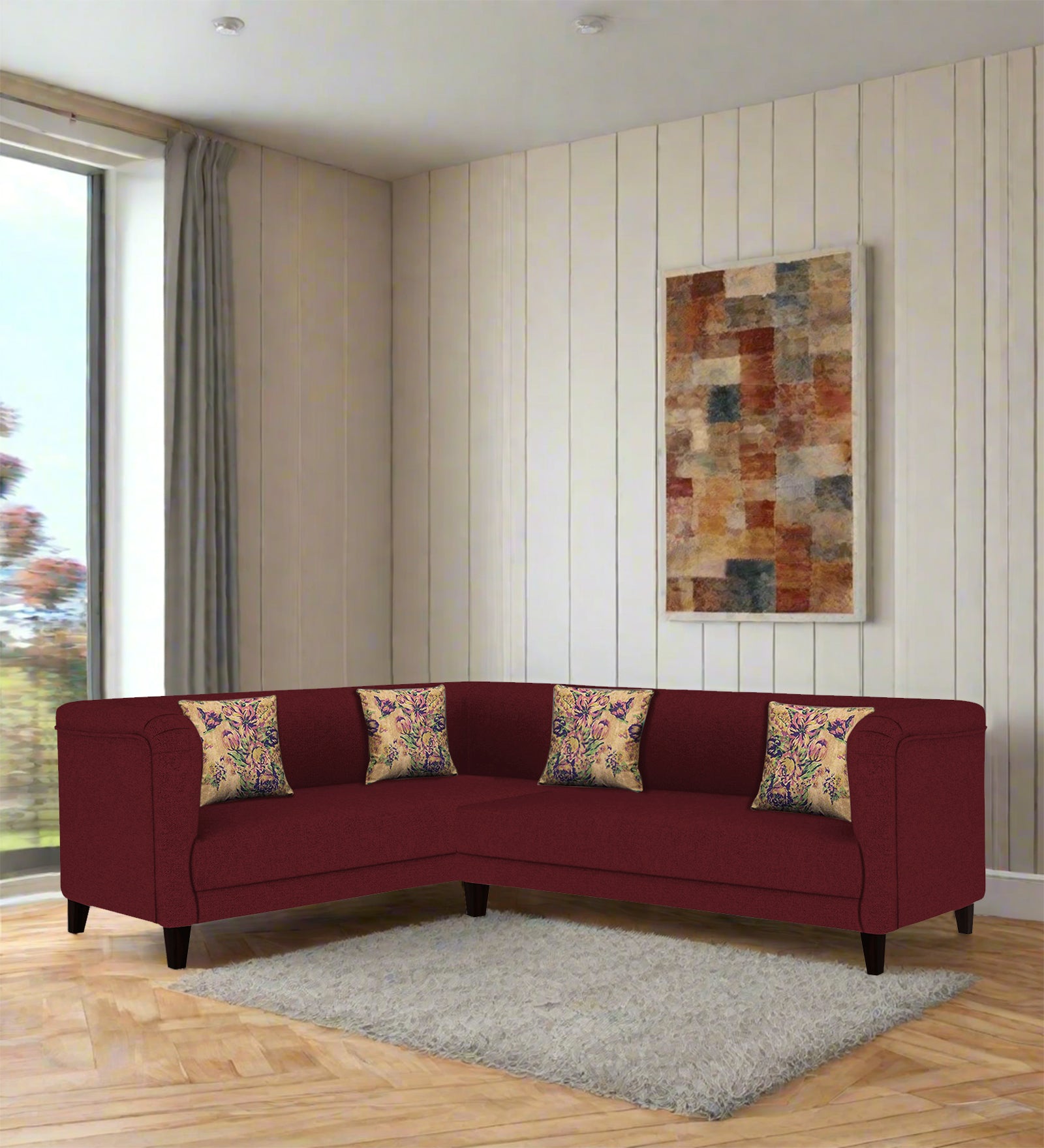 Niki Fabric Corner Sofa In Blood Maroon Colour - Febonic Living