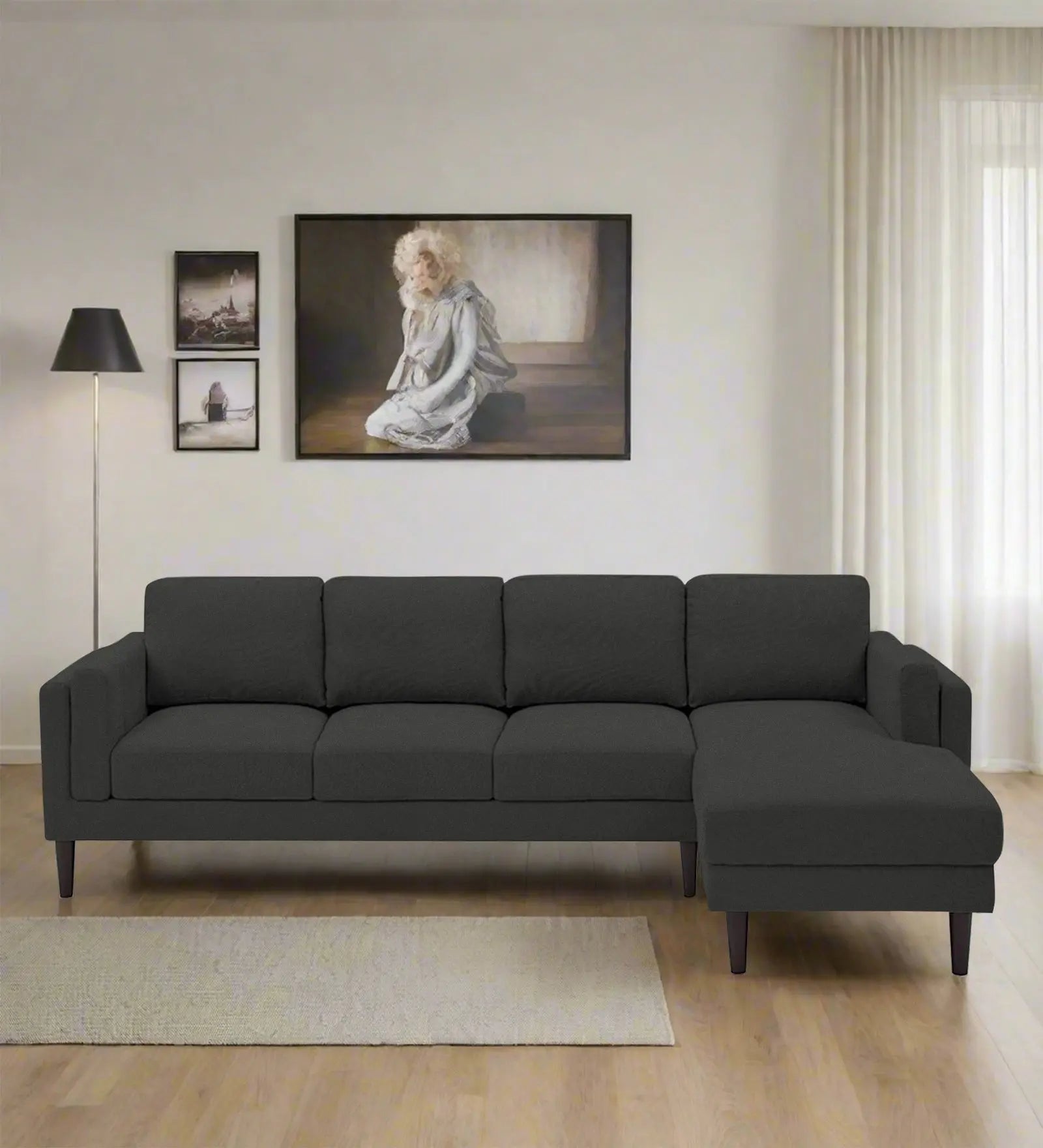 Creata Fabric LHS Sectional Sofa (3+Lounger) In Charcoal Grey Colour Febonic Living