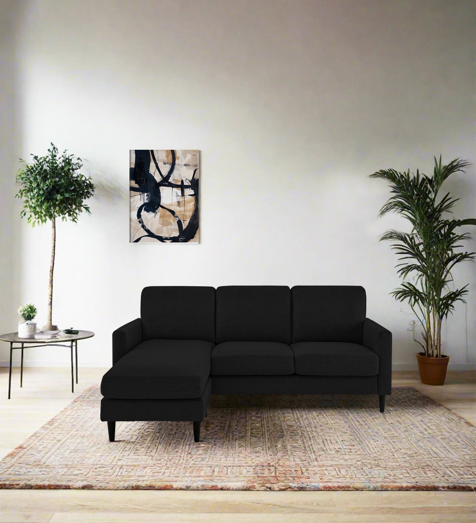 Romie Fabric RHS Sectional Sofa (2+Lounger) In Zed Black Colour