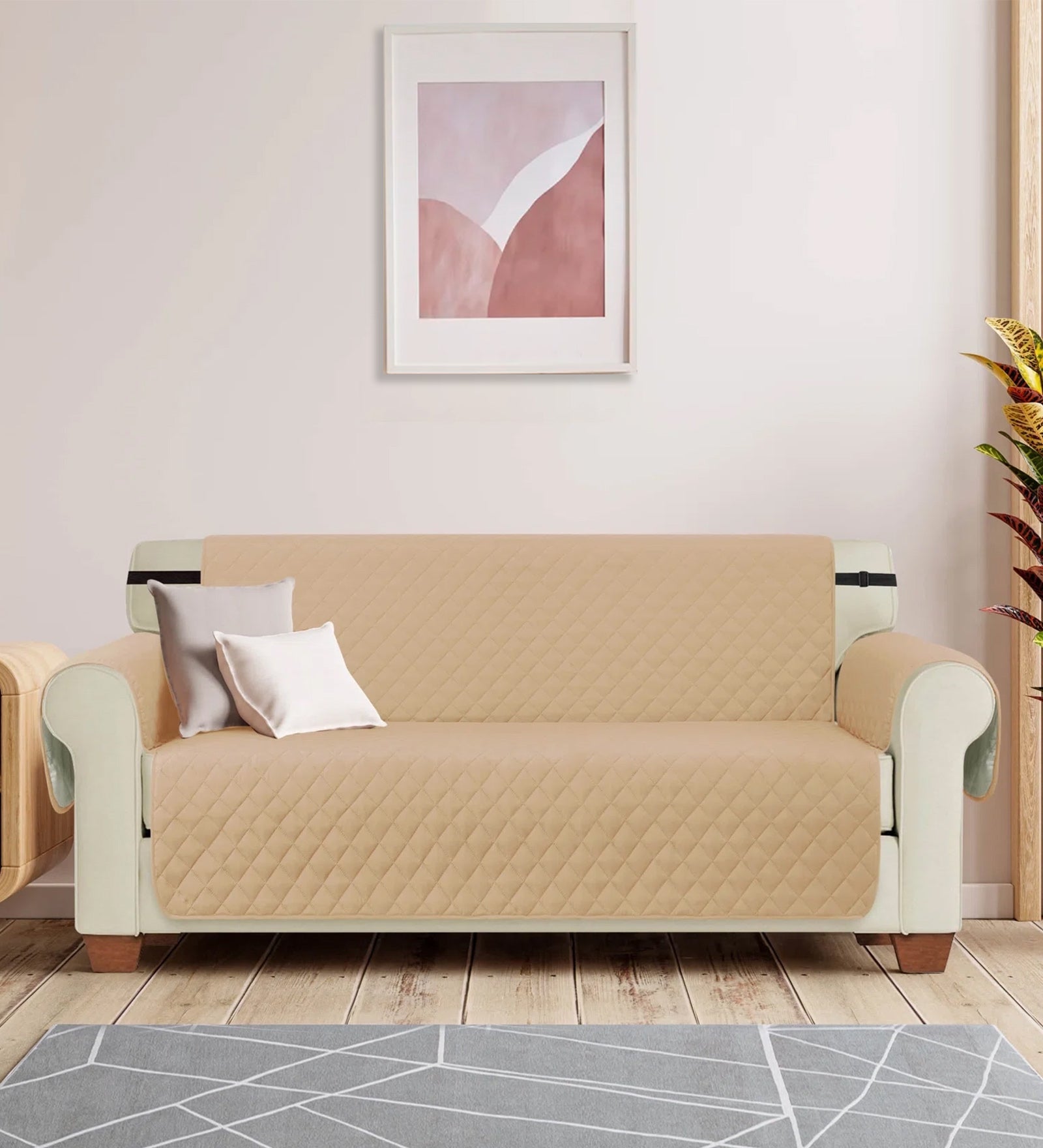 Bunny Velvet 3 Seater Quilted Sofa Cover in Winter Beige Colour