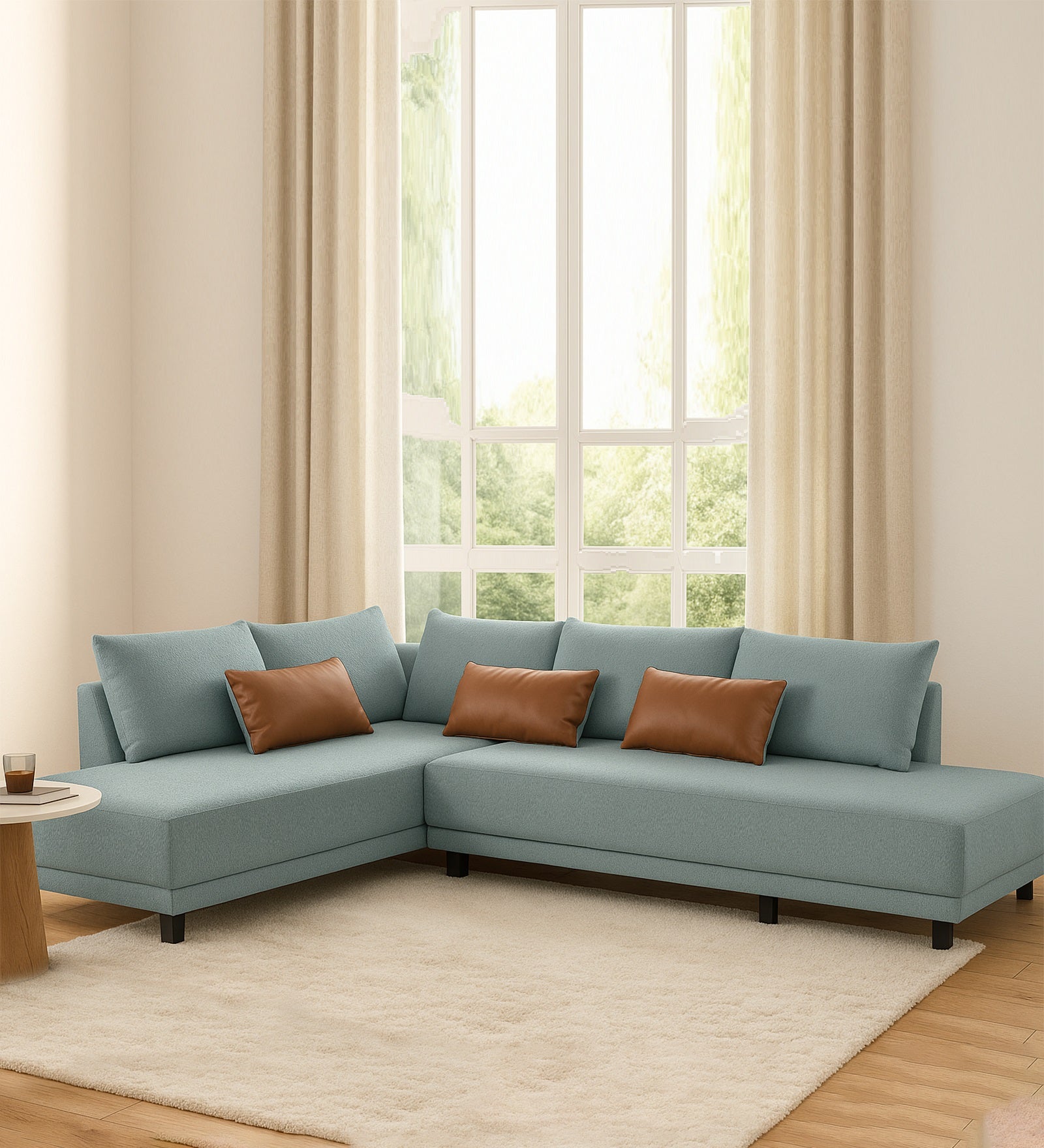 Ira Boucle Fabric RHS 6 Seater Convertible Sofa Cum Bed In Stormy Blue Colour