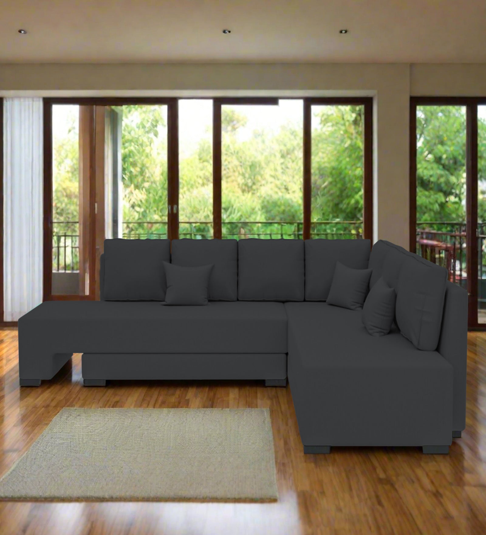 Corby Velvet RHS 6 Seater Convertible Sofa Cum Bed In Davy Grey Colour - Febonic Living