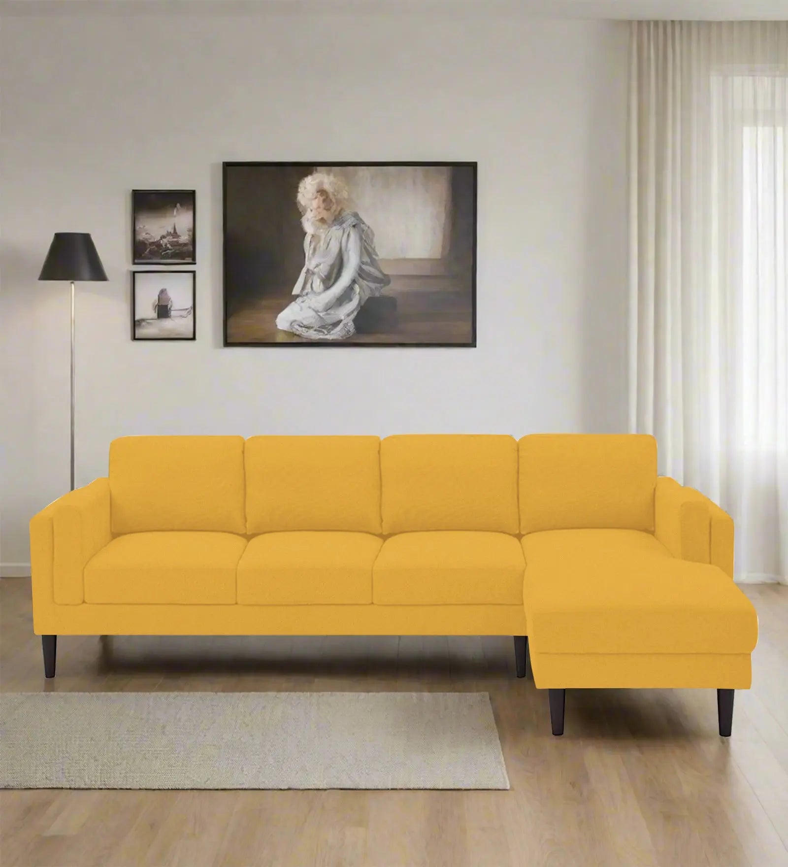 Creata Fabric LHS Sectional Sofa (3+Lounger) In Bold Yellow Colour Febonic Living