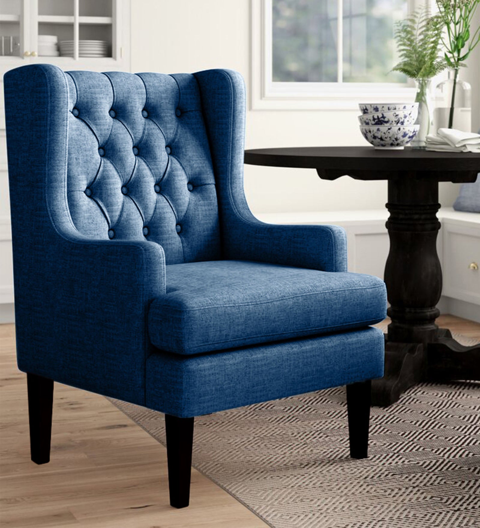 Panas Fabric Wing Chair In Royal Blue Colour