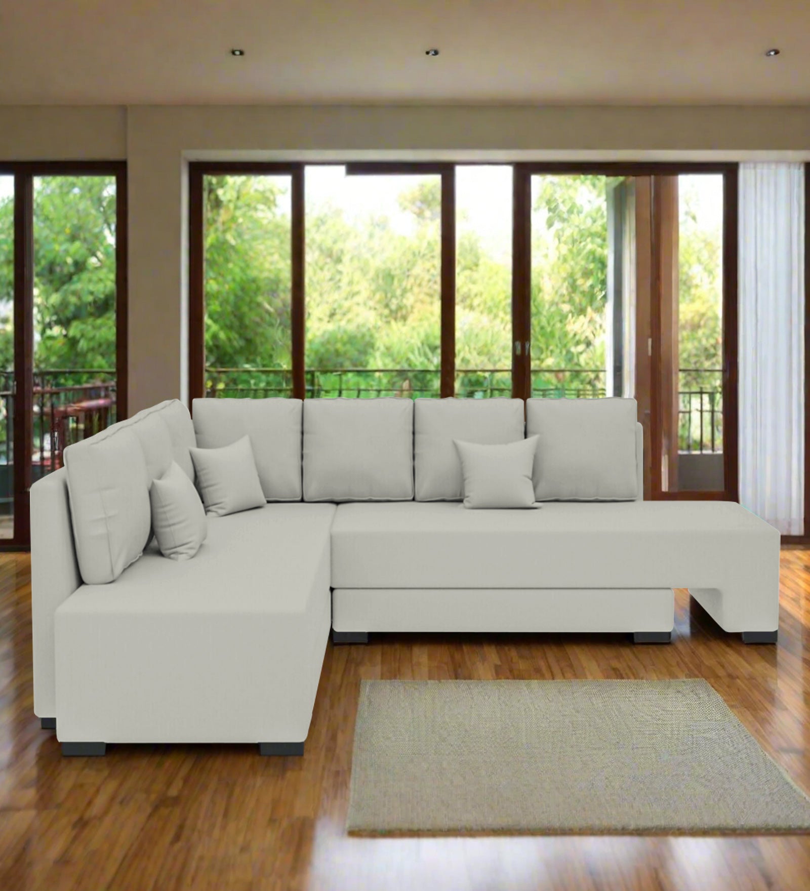 Corby Velvet LHS 6 Seater Convertible Sofa Cum Bed In Bone Grey Colour - Febonic Living