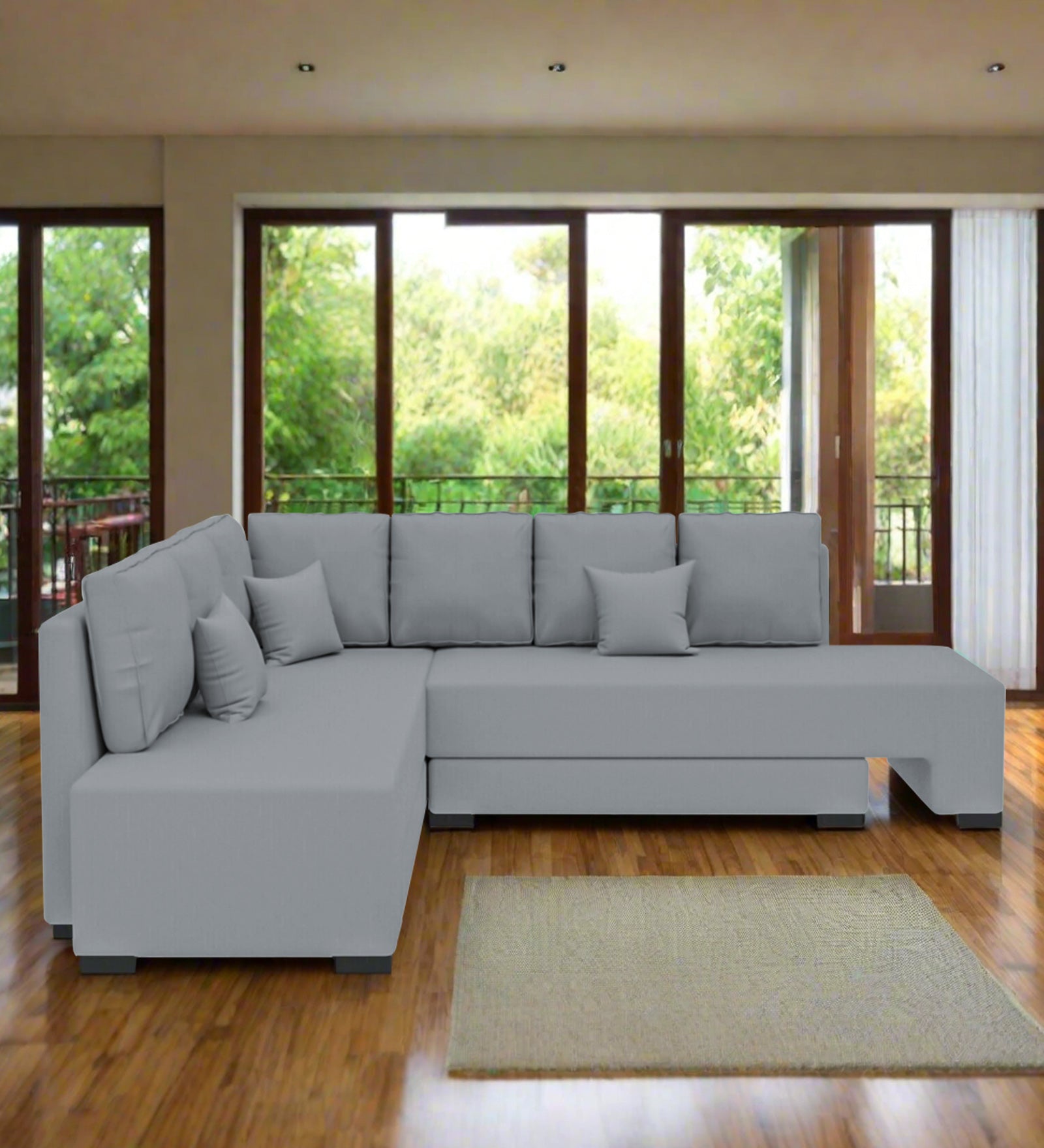 Corby Velvet LHS 6 Seater Convertible Sofa Cum Bed In Concrete Grey Colour