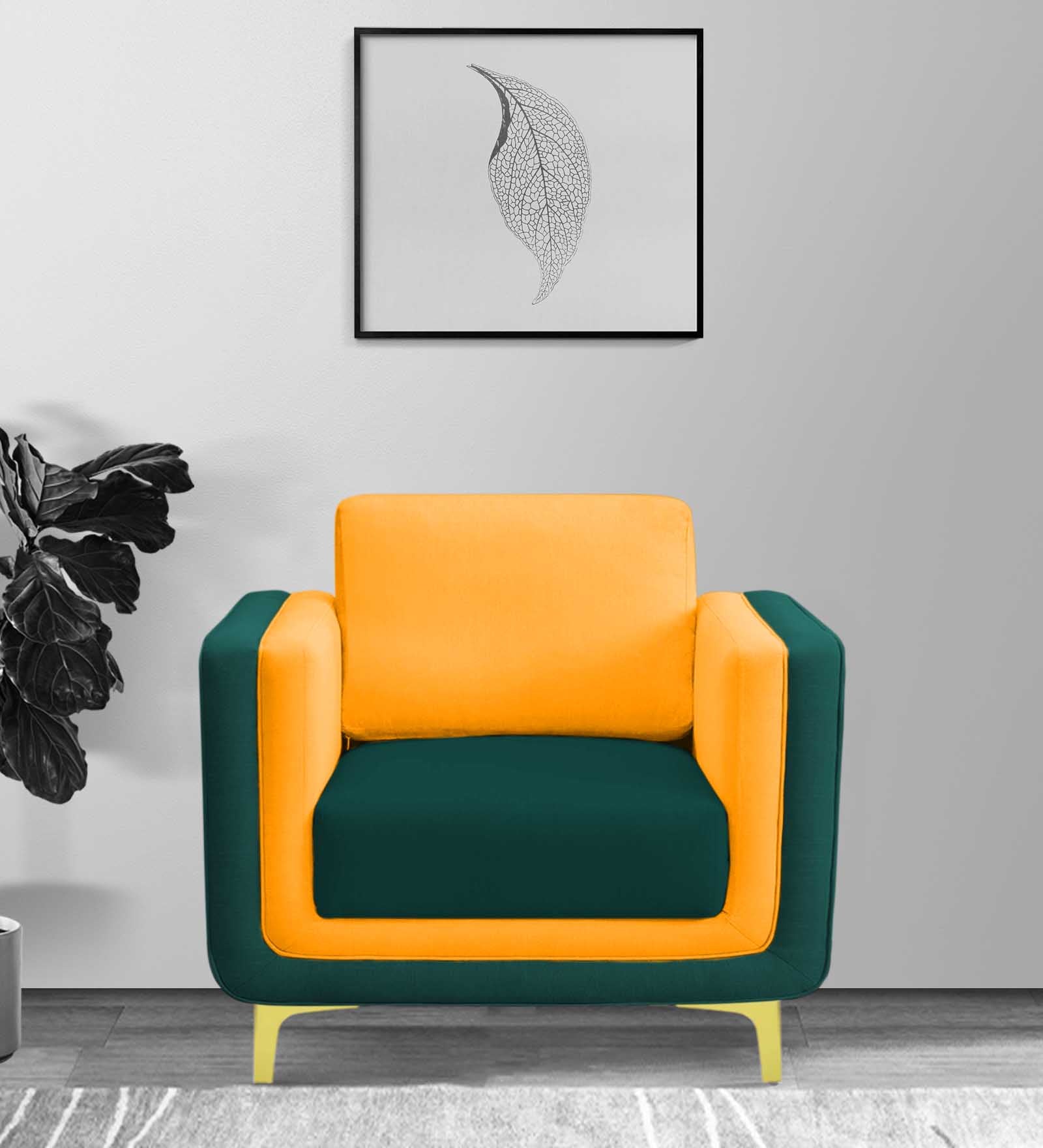 Visky Velvet 1 Seater Sofa in Saffron Yellow-Amazon Green Colour