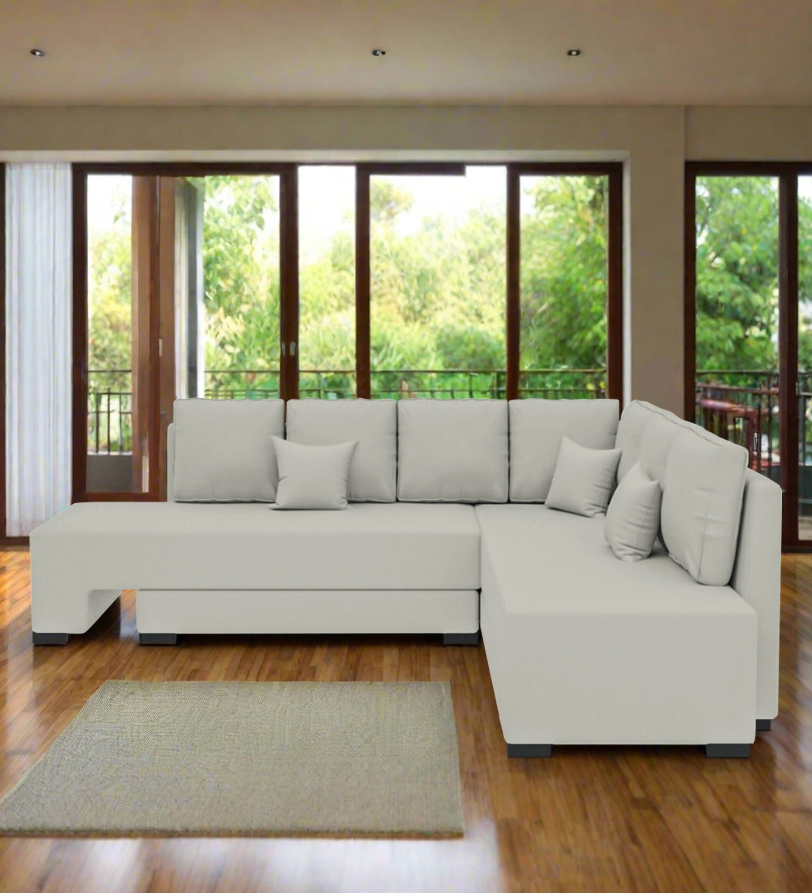 Corby Velvet RHS 6 Seater Convertible Sofa Cum Bed In Bone Grey Colour - Febonic Living