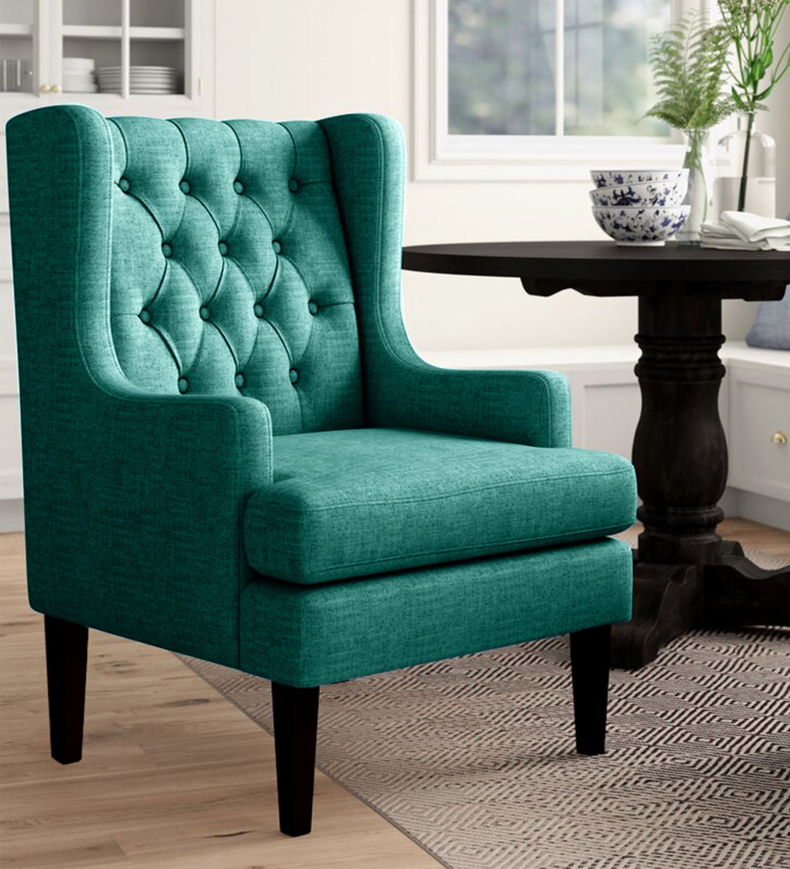 Panas Fabric Wing Chair In Sea Green Colour