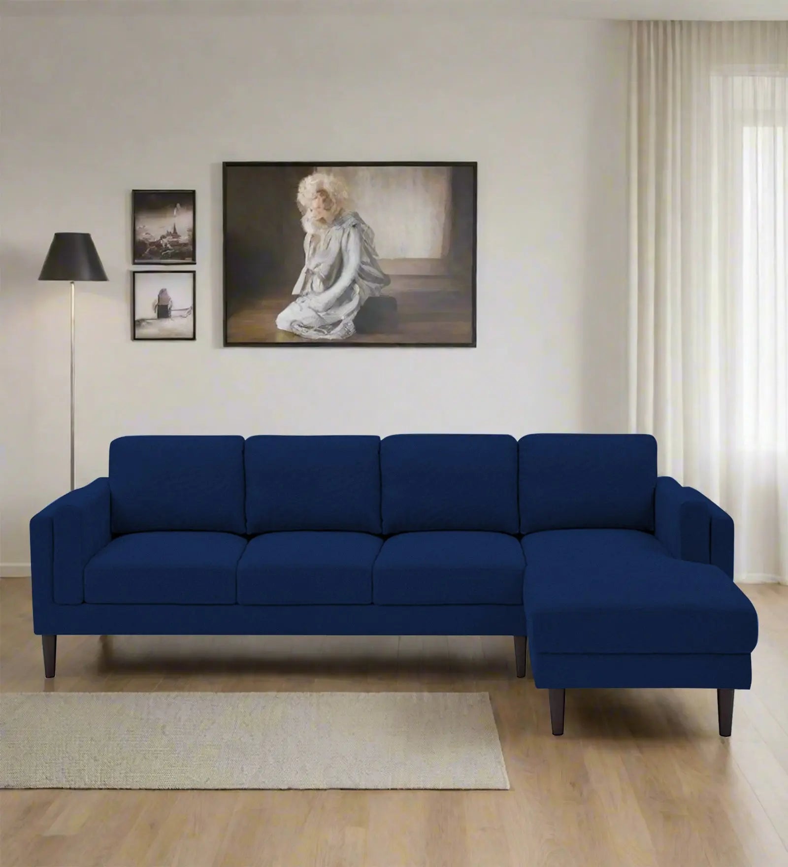 Creata Fabric LHS Sectional Sofa (3+Lounger) In Royal Blue Colour Febonic Living