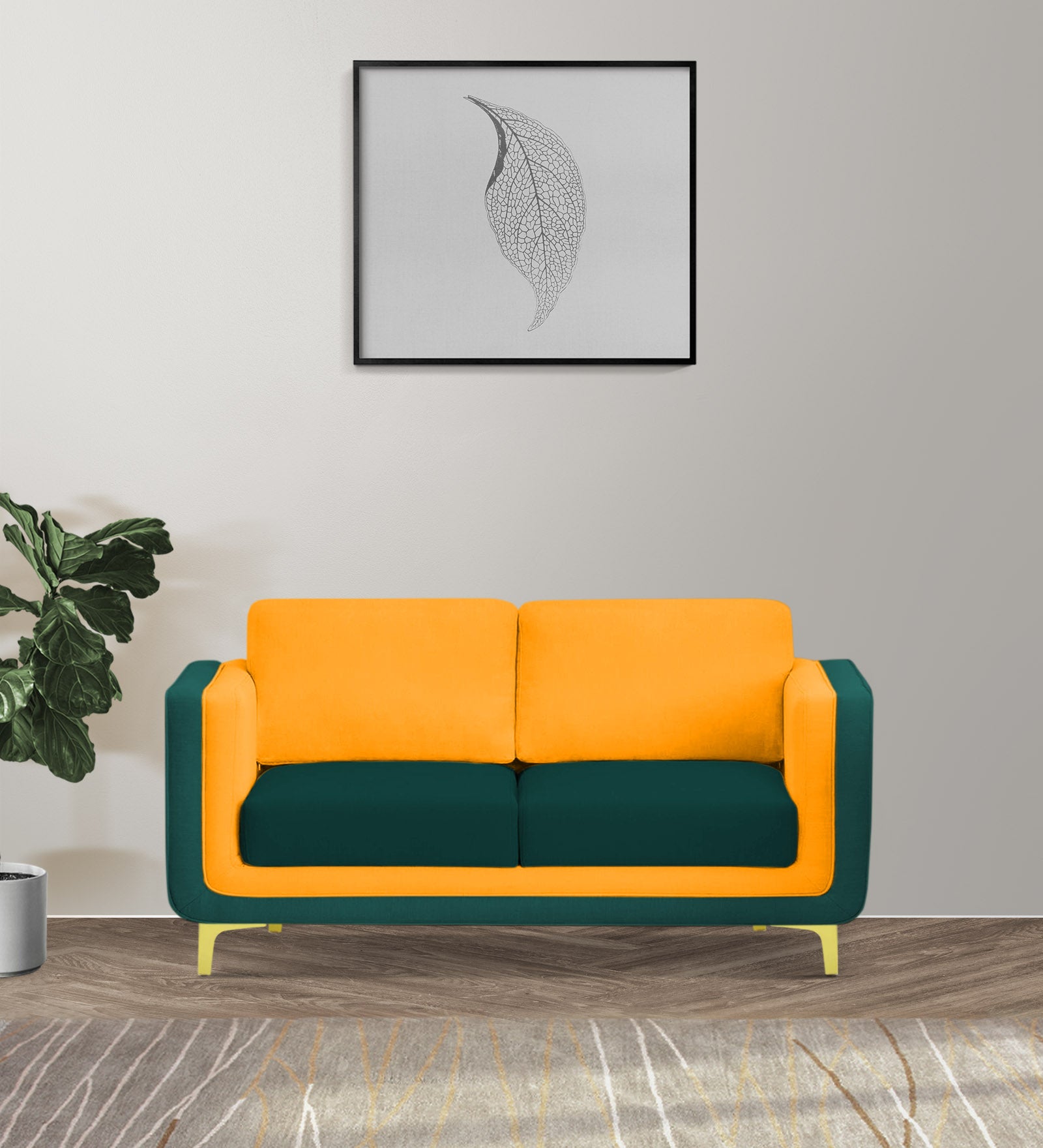 Visky Velvet 2 Seater Sofa in Saffron Yellow-Amazon Green Colour