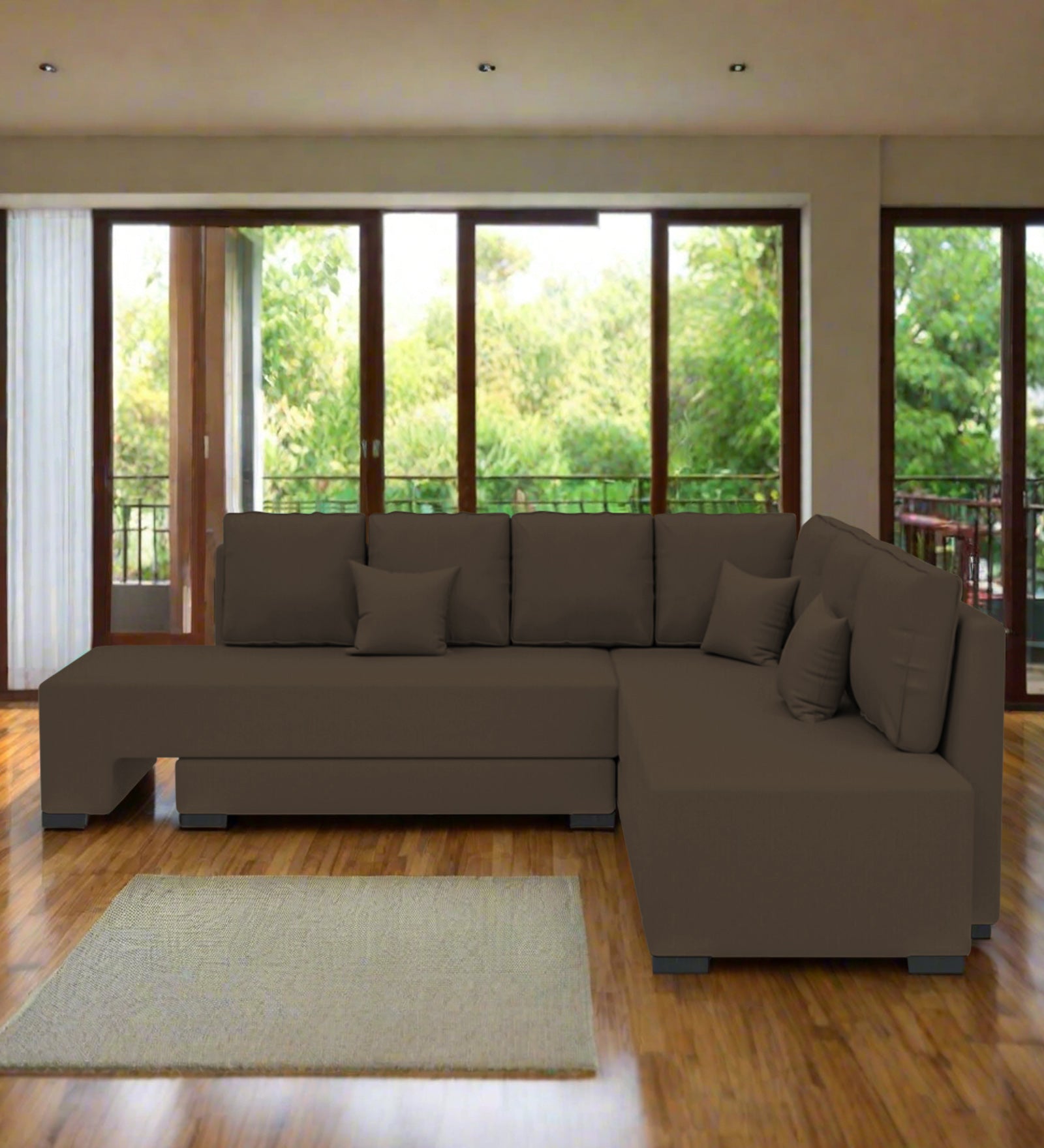 Corby Velvet RHS 6 Seater Convertible Sofa Cum Bed In Shade Brown Colour - Febonic Living