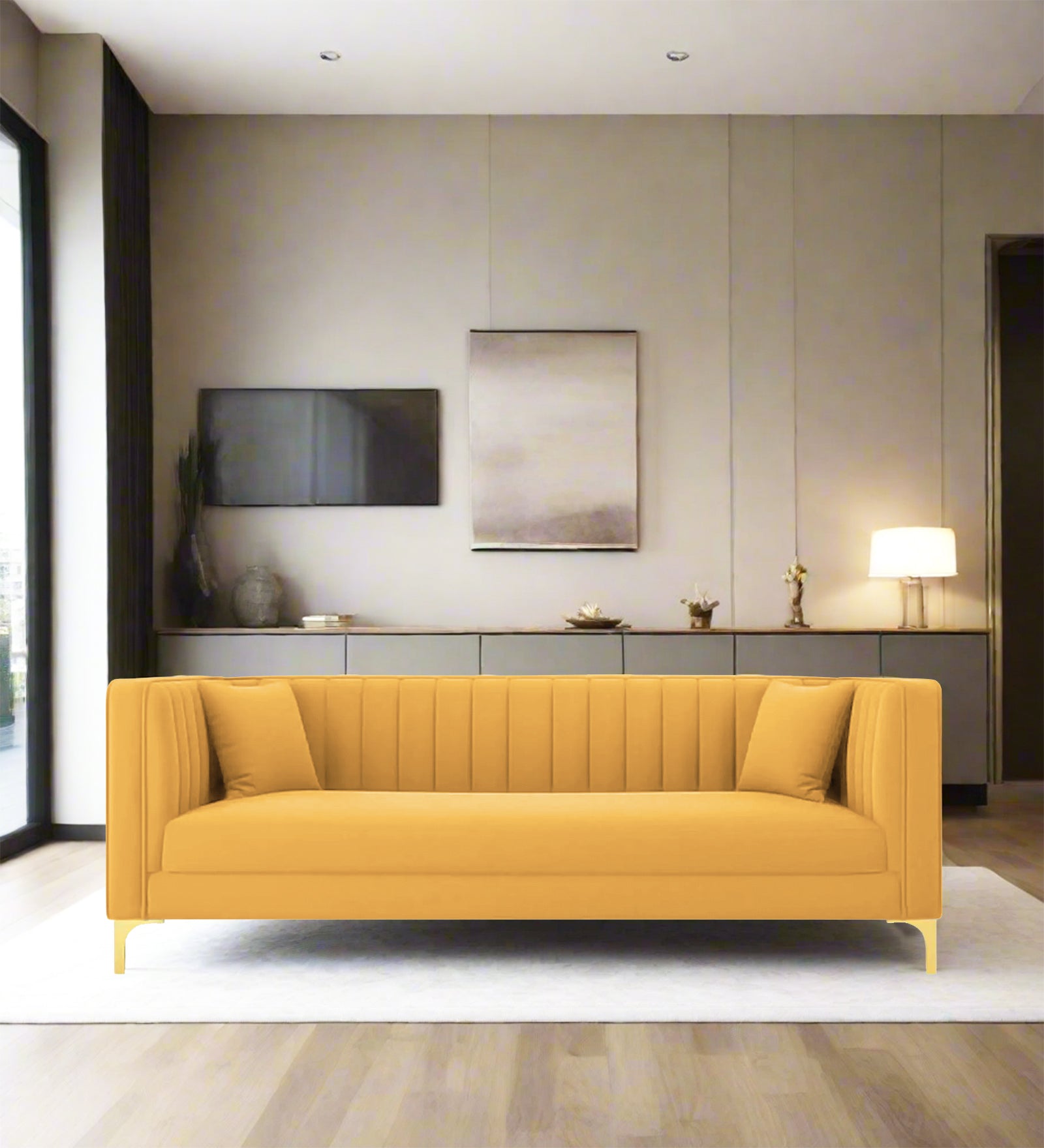 Saban Velvet 3 Seater Sofa in Turmeric yellow Colour - Febonic Living