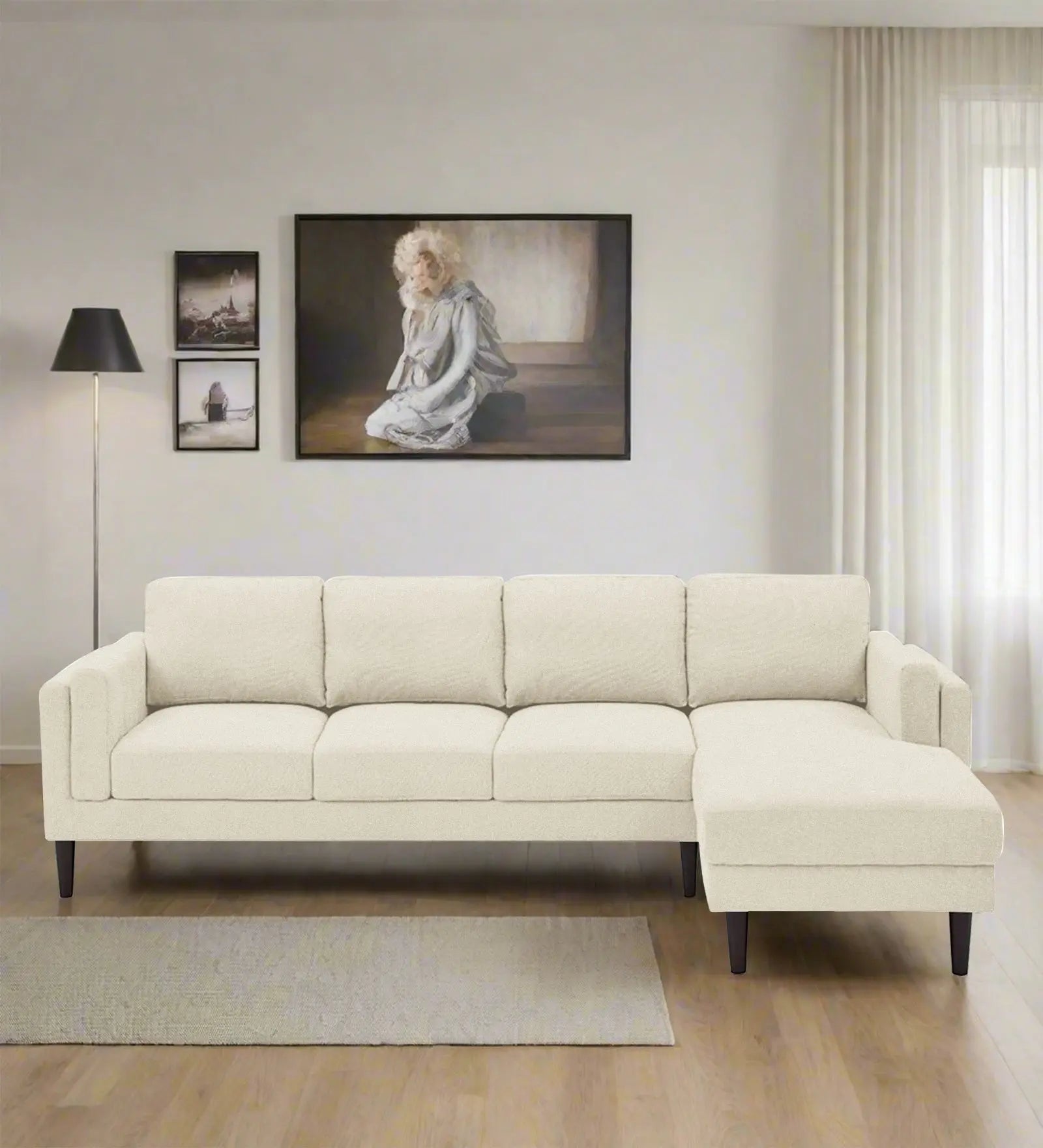 Creata Fabric LHS Sectional Sofa (3+Lounger) In Ivory Cream Colour Febonic Living