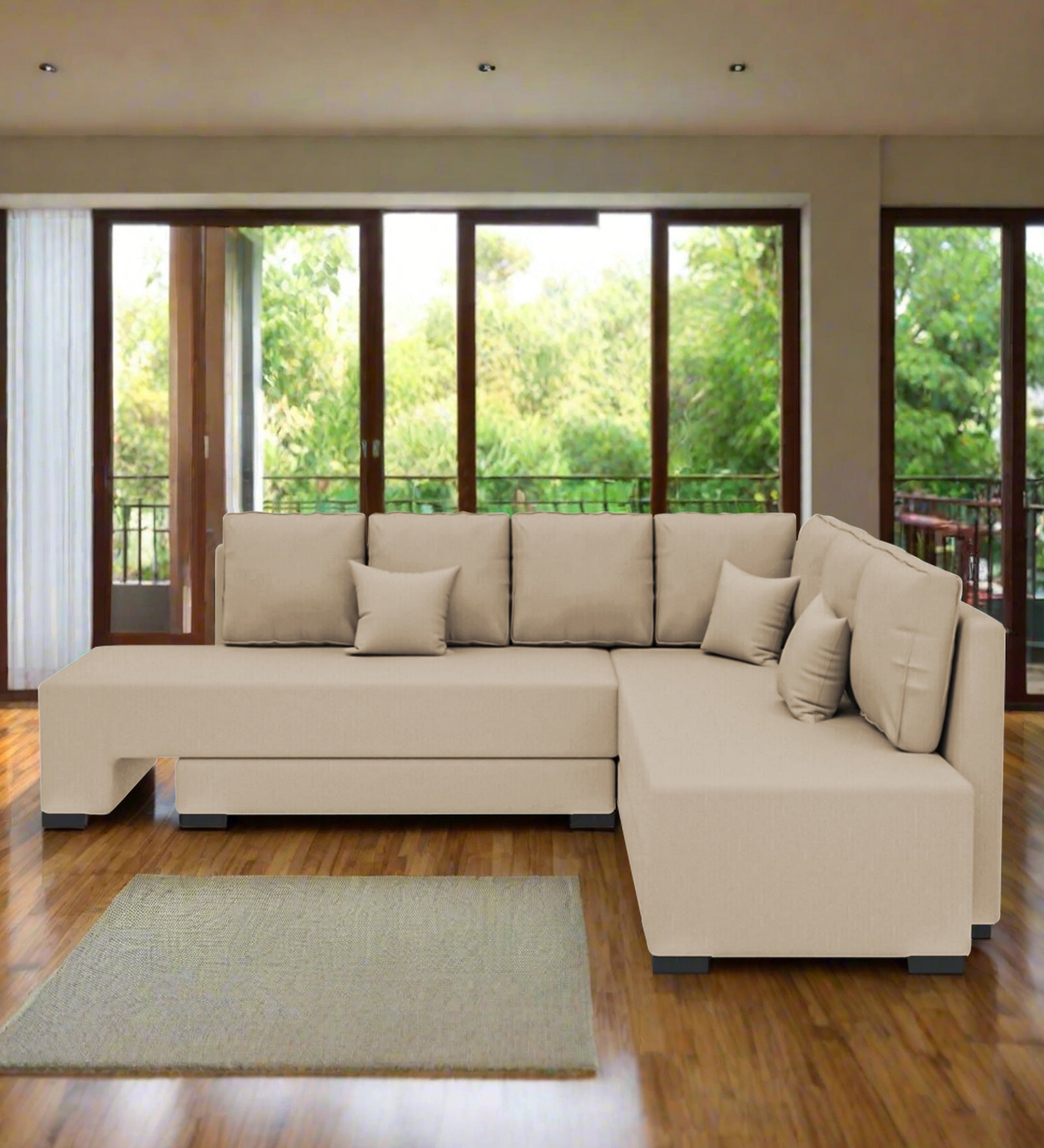 Corby Velvet RHS 6 Seater Convertible Sofa Cum Bed In Cream Beige Colour