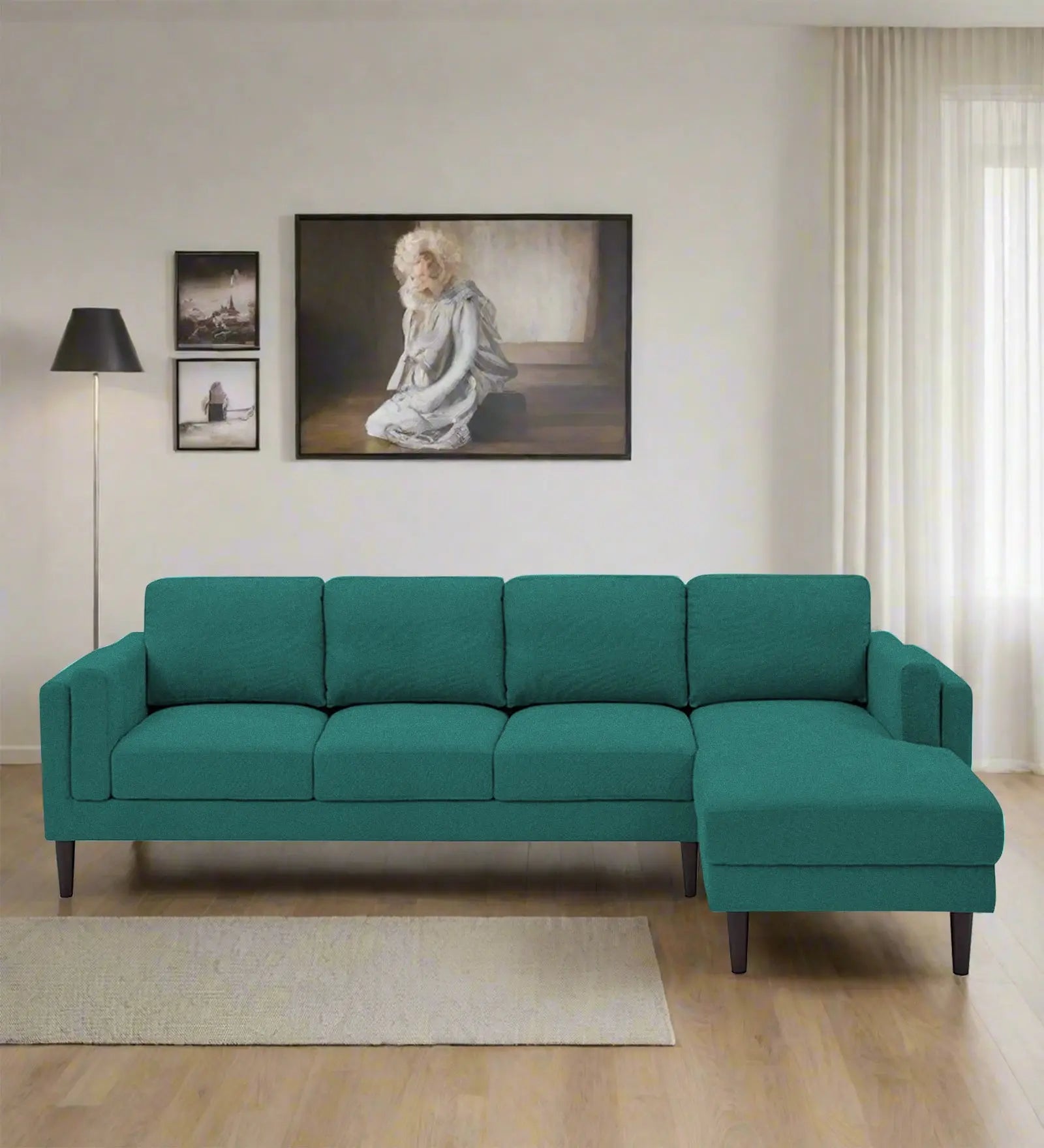 Creata Fabric LHS Sectional Sofa (3+Lounger) In Sea Green Colour Febonic Living
