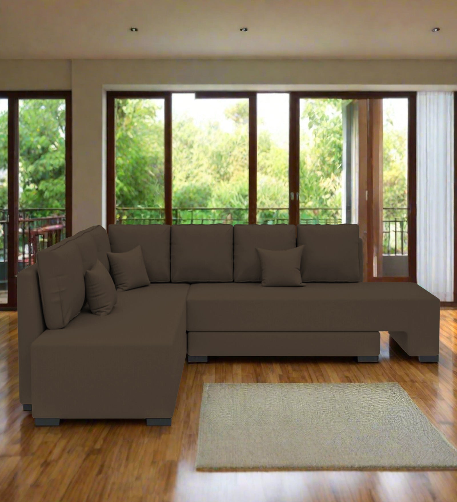 Corby Velvet LHS 6 Seater Convertible Sofa Cum Bed In Shade Brown Colour - Febonic Living