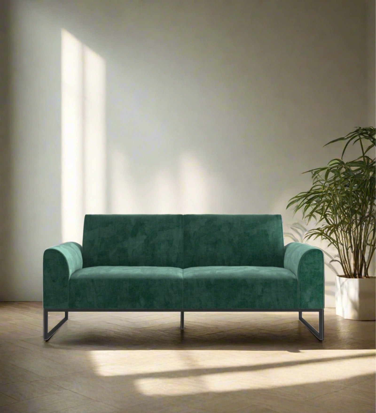 Cane Velvet 3 Seater Convertible Sofa Cum Bed In Pine Green Colour