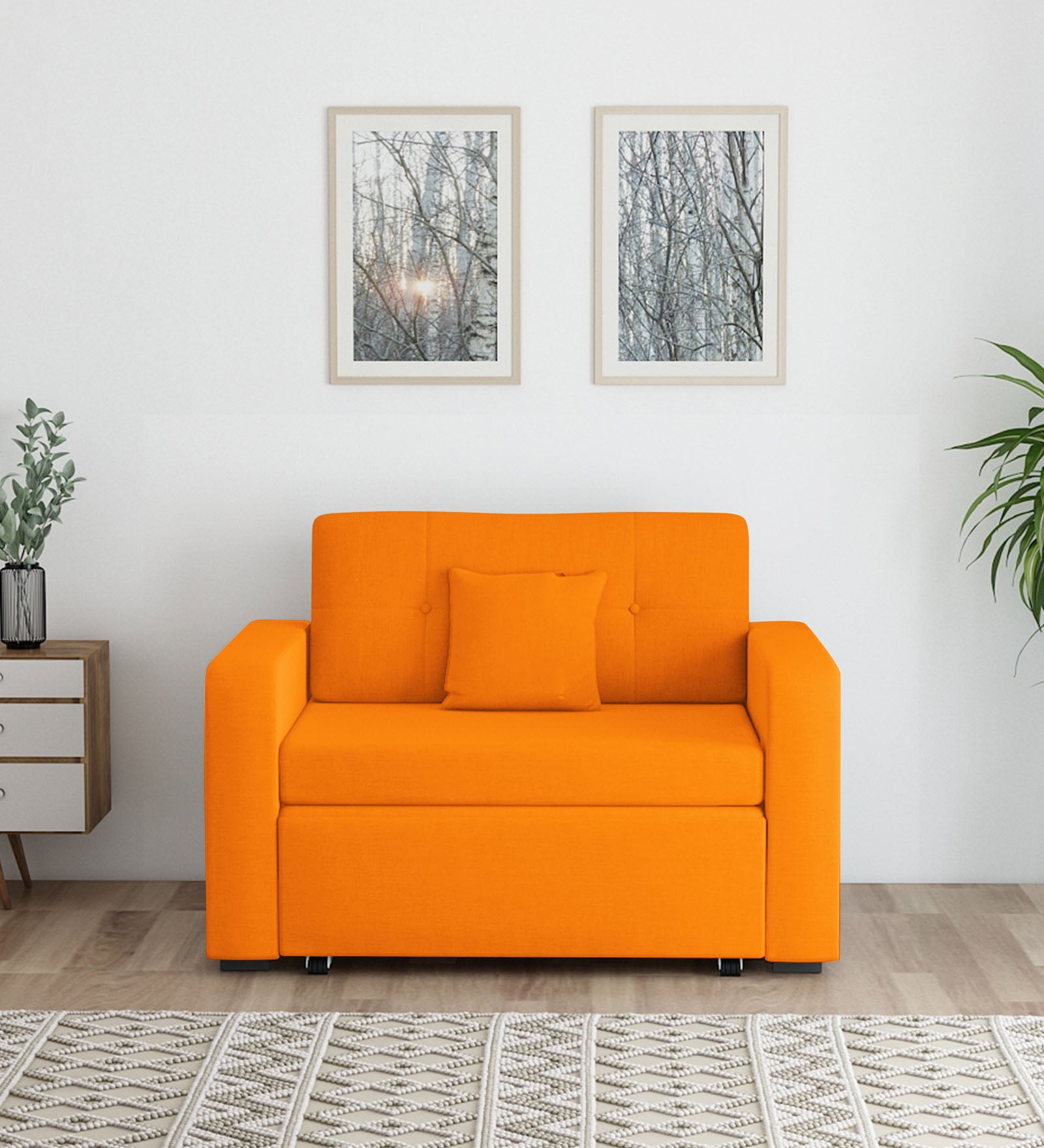 Rocky Fabric 2 Seater Pull Out Sofa Cum Bed In Vivid Orange Colour With Storage