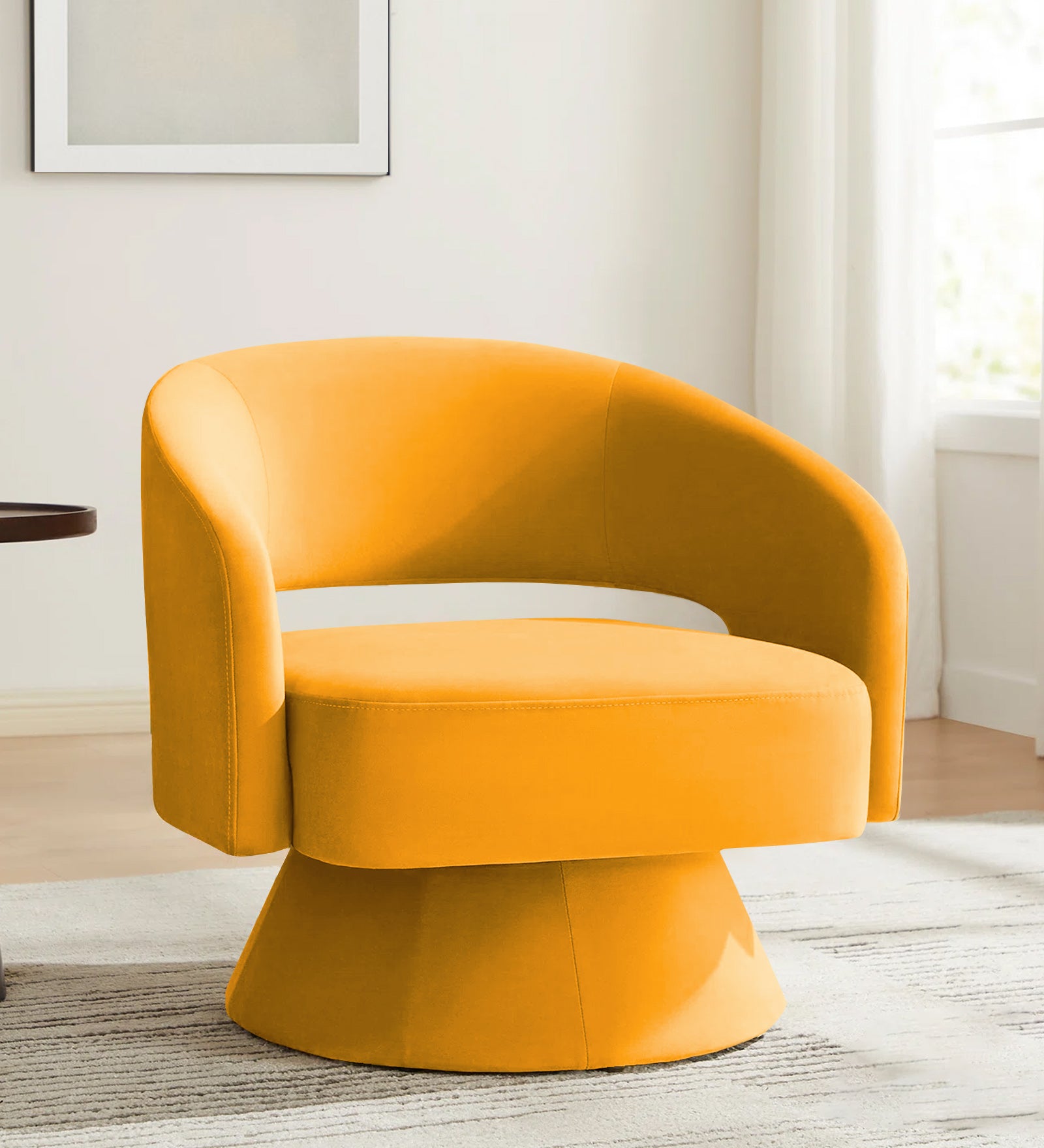 Pendra Velvet Swivel Chair in Safforn Yellow Colour