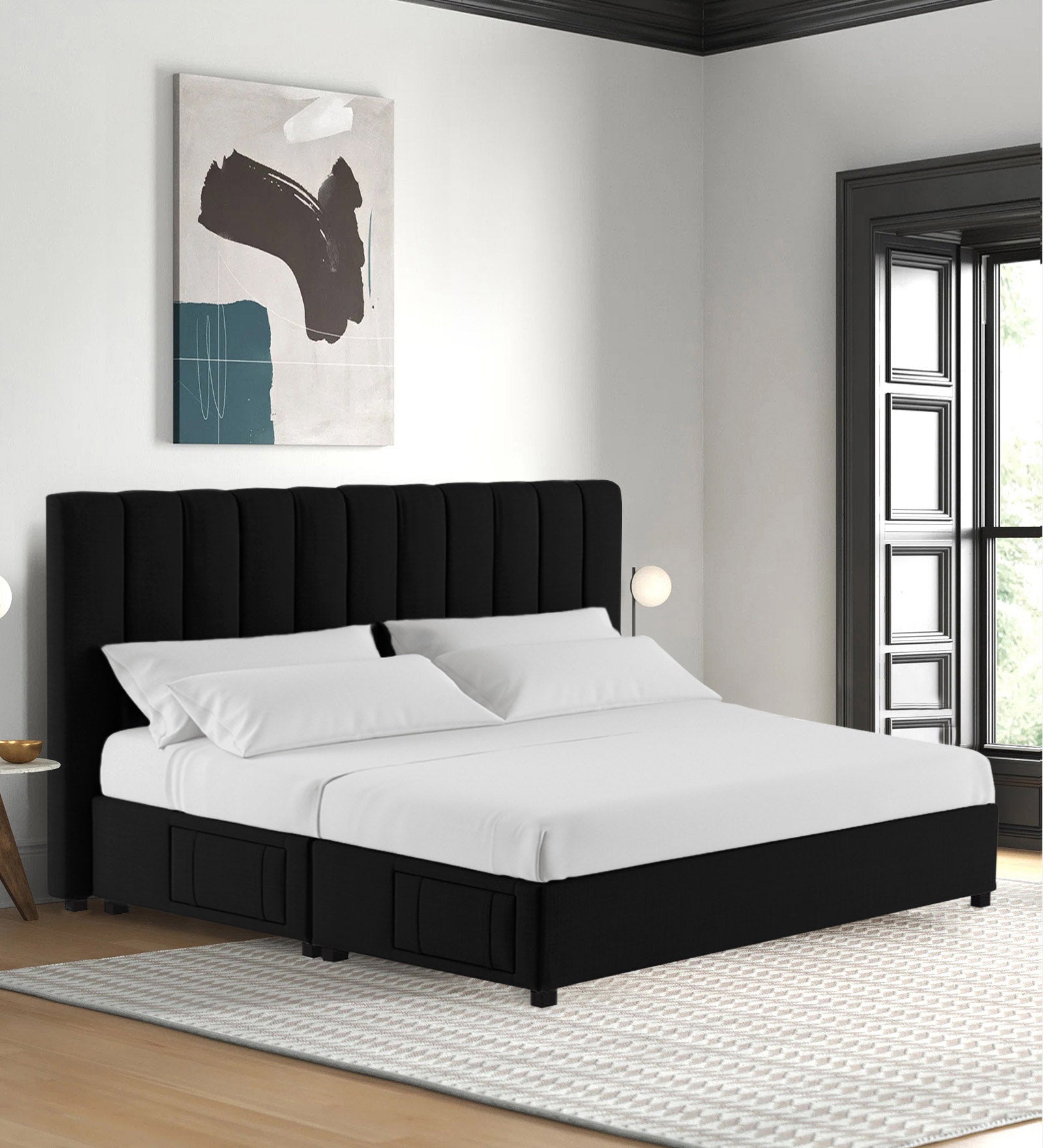 Nivi Fabric King Size Bed In Zed Black Colour With Drawer Storage